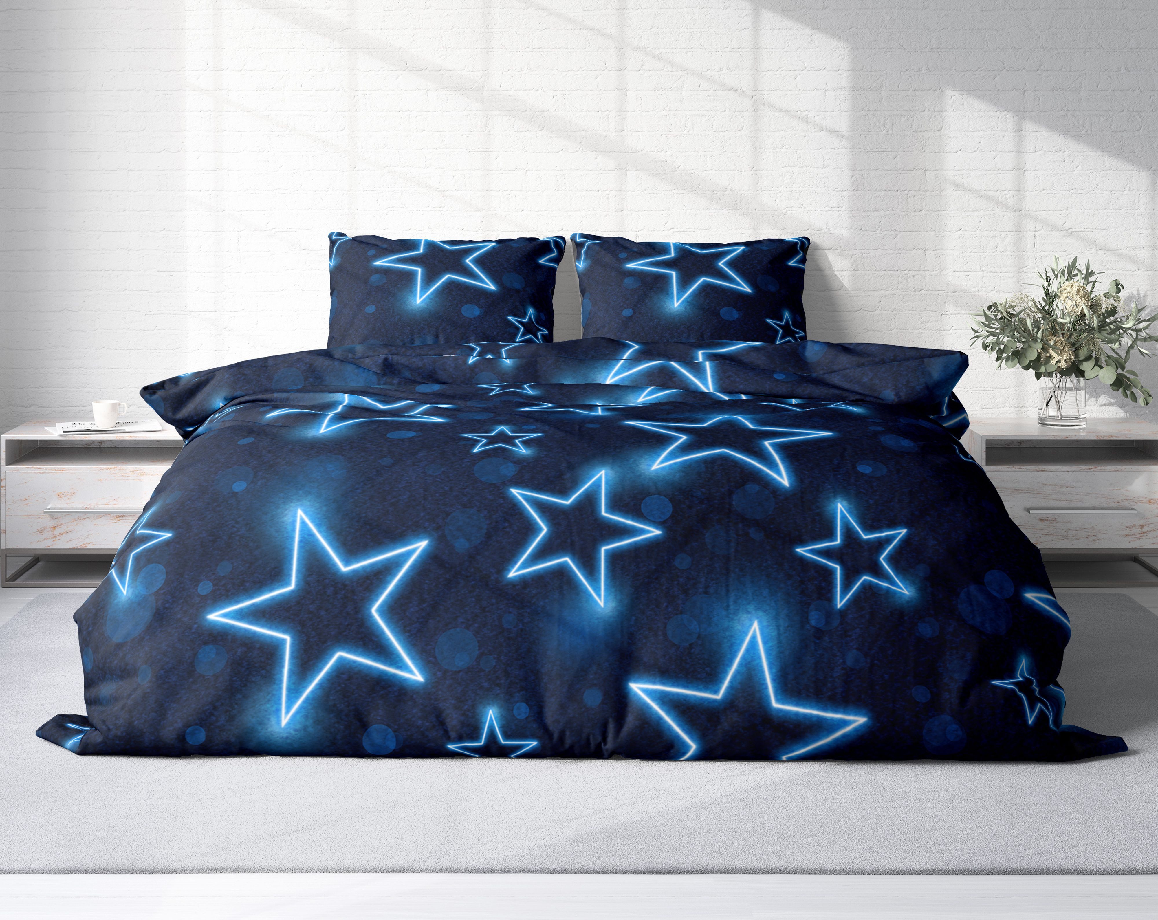 One Home Bettwäsche Winter Thermofleece, Fleece, 3 teilig, Sterne leuchtoptik, kuschelig flauschig warm weich Modern – Bild 2 von 5
