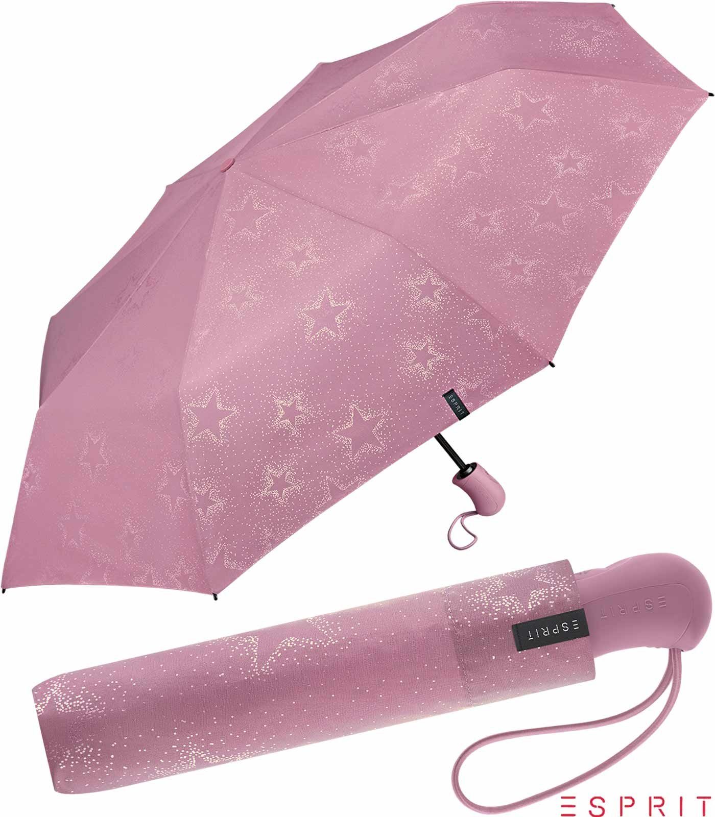 Esprit Taschenregenschirm Damen Easymatic Light Auf-Zu Automatik Starburst  - dusky orchid metall, stabil, praktisch, mit verspieltem Sternenmuster