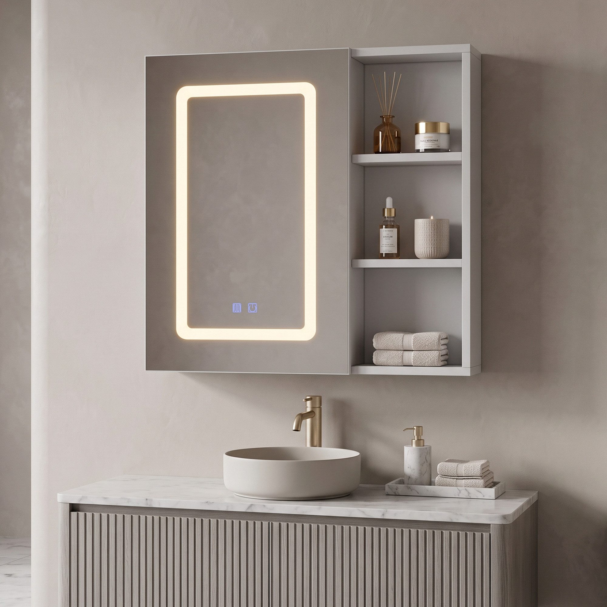 Simurq Badezimmerspiegelschrank Spiegelschrank Bad Mit LED-Beleuchtung & Anti-Beschlag,offene Regal (Badezimmerspiegelschrank Hängeschrank,Touchschalter, Beschlagfrei)