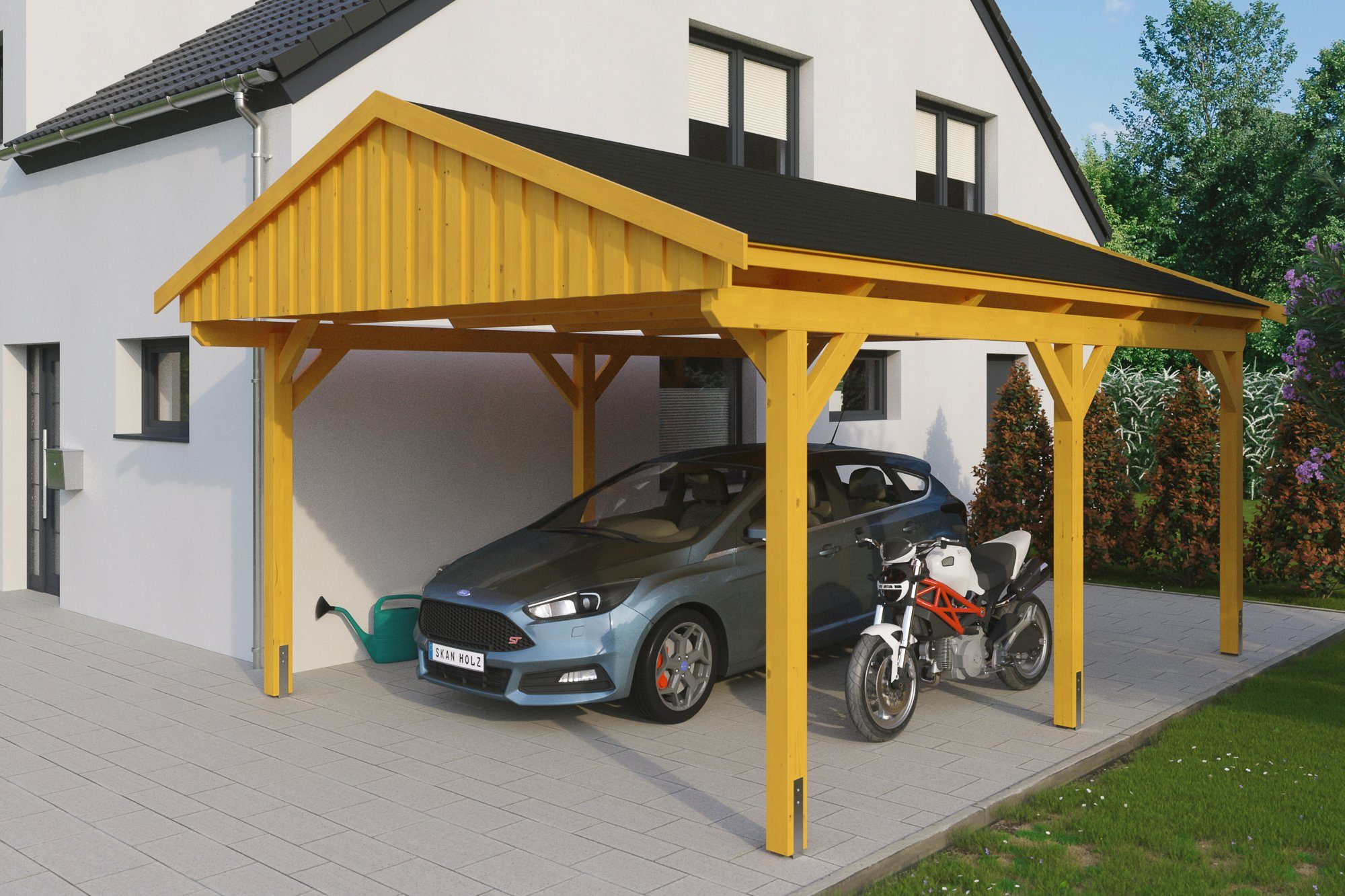 Skanholz Einzelcarport Fichtelberg, BxT: 423x566 cm, 379 cm Einfahrtshöhe, mit schwarzen Schindeln