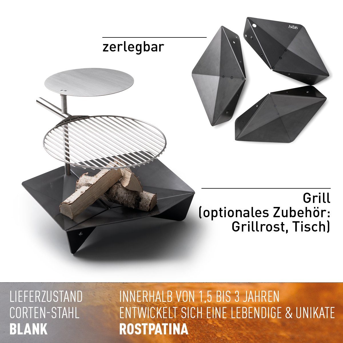 höfats Feuerschale TRIPLE, (Feuerstelle und Grill, für Terrasse und Garten, Corten-Stahl mit Rost-Optik), Ø 65 cm, Höhe: 17 cm