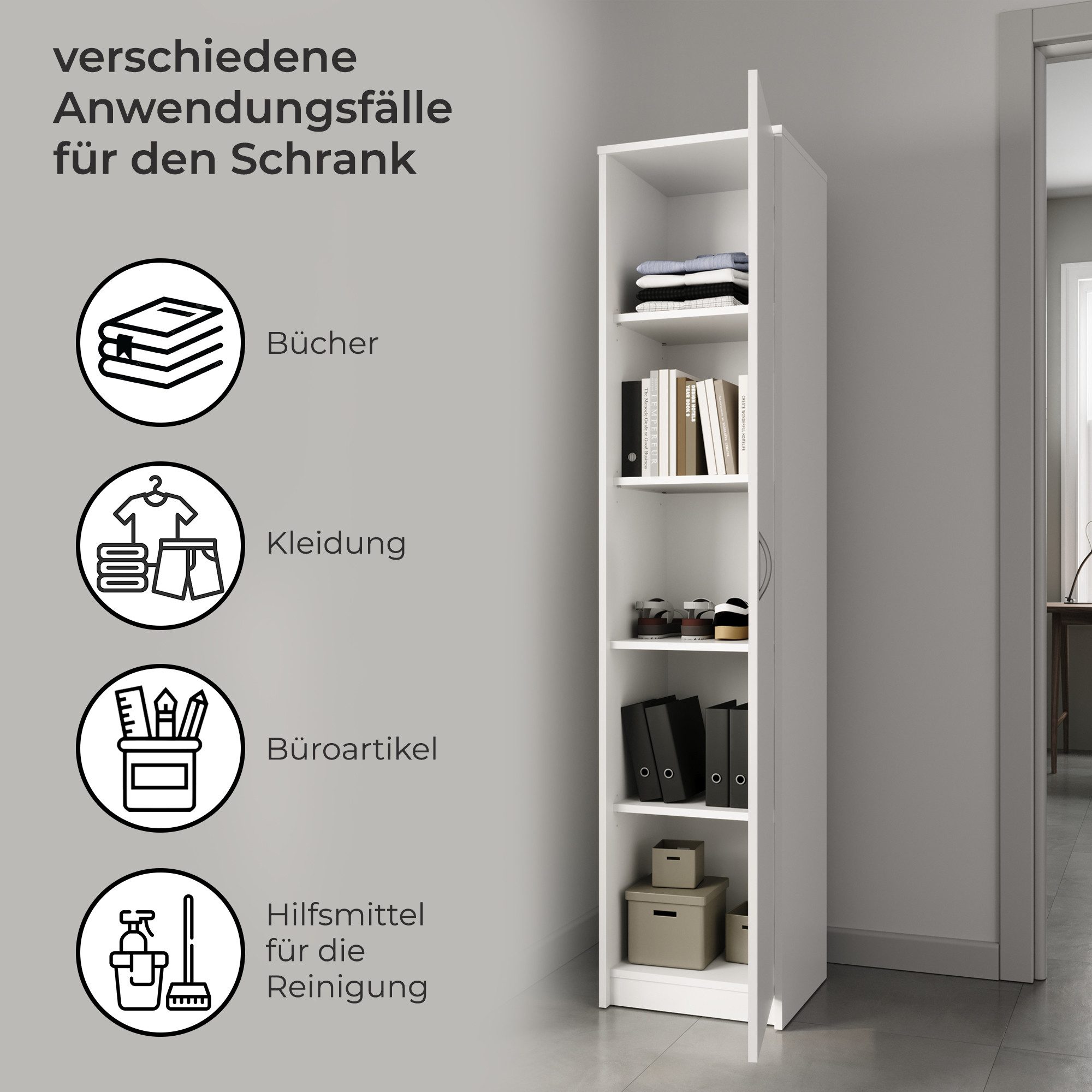 Home Collective Aktenschrank Bücherregal Kleiderschrank Regal 40cm breit 180cm hoch Schrank (Regal Wand schmal Holz für Schlafzimmer Flur Keller Büro) Mehrzweckschrank mit 4 verstellbaren Einlegeböden Aktenschrank weiß