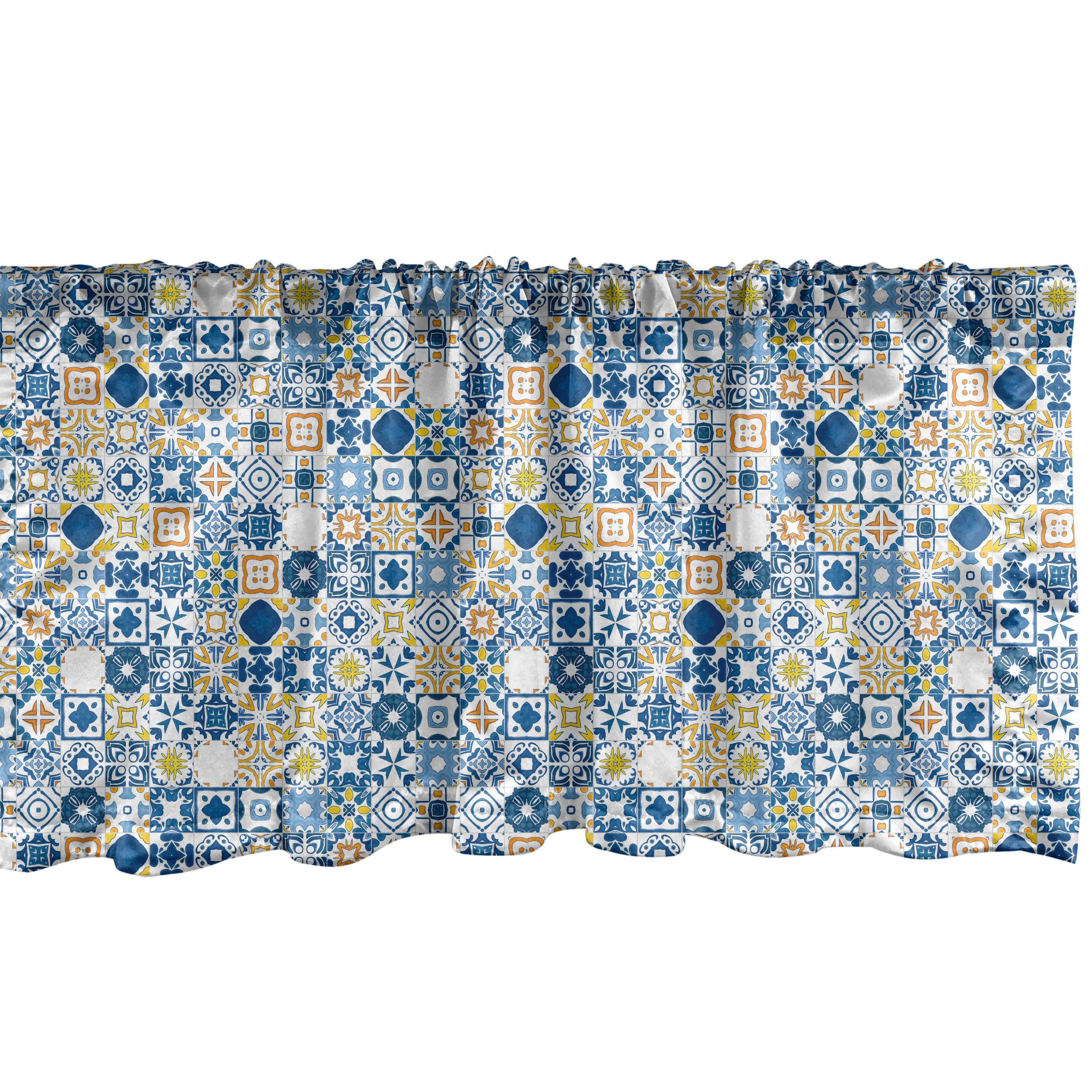 Scheibengardine Vorhang Volant für Küche Schlafzimmer Dekor mit Stangentasche, Abakuhaus, Microfaser, Gelb und Blau Mosaik Azulejo