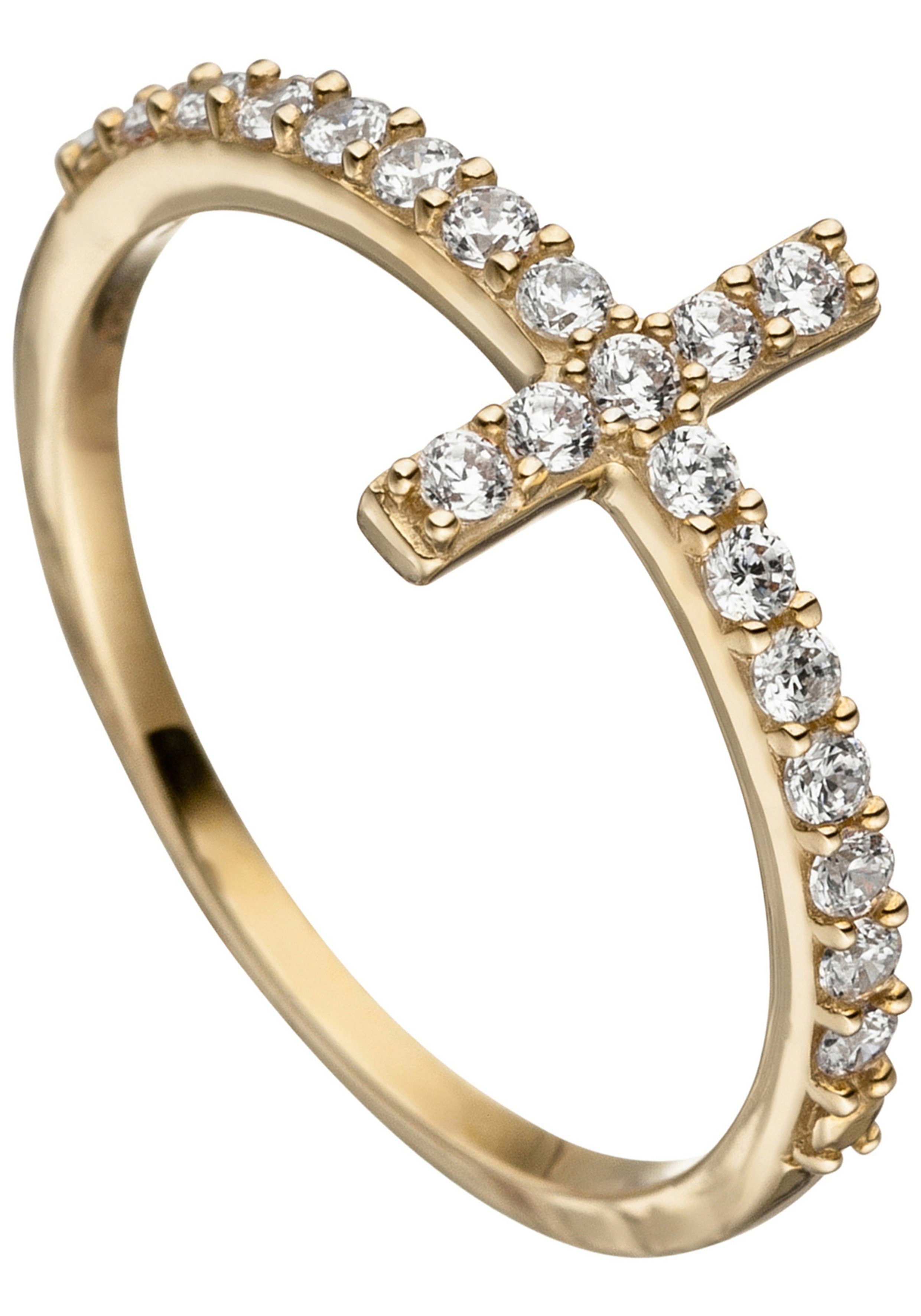 JOBO Fingerring Ring mit Kreuz, 333 Gold mit 19 Zirkonia