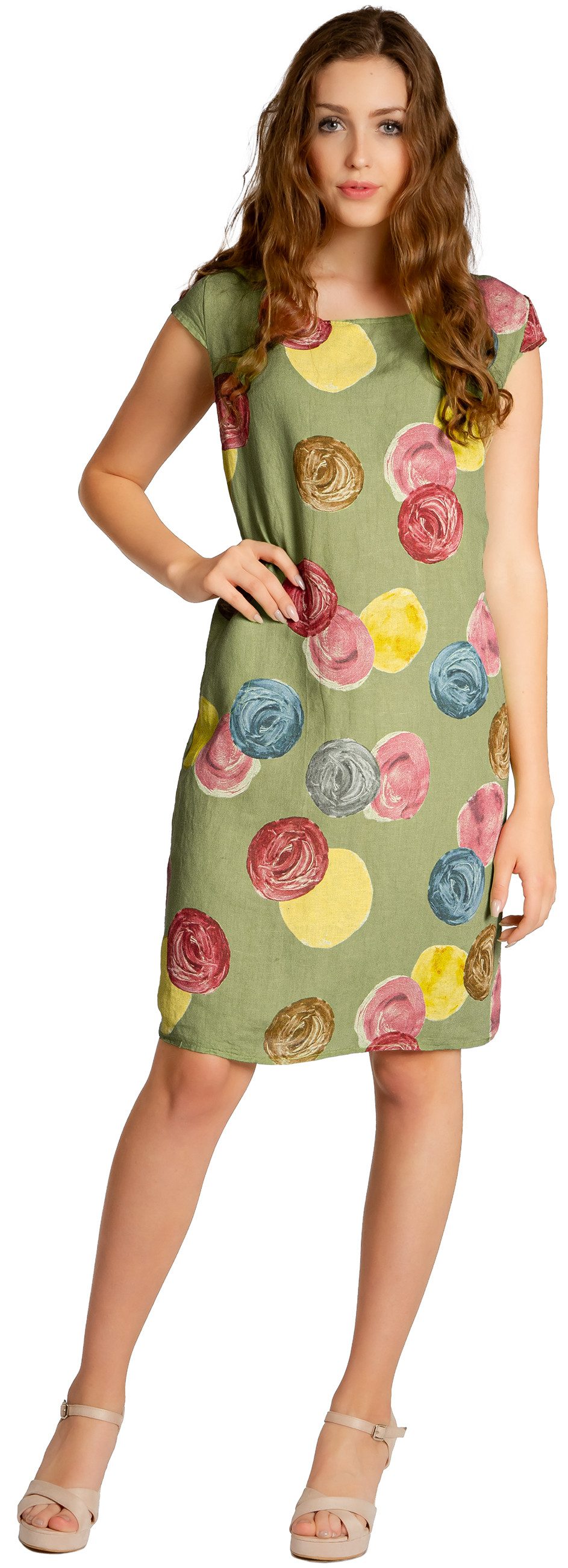 Caspar Sommerkleid SKL033 leichtes knielanges Damen Sommer Leinenkleid mit Punkte Print Luftig leicht, figurumspielende Form, mit seitlichem Jersey-Einsatz