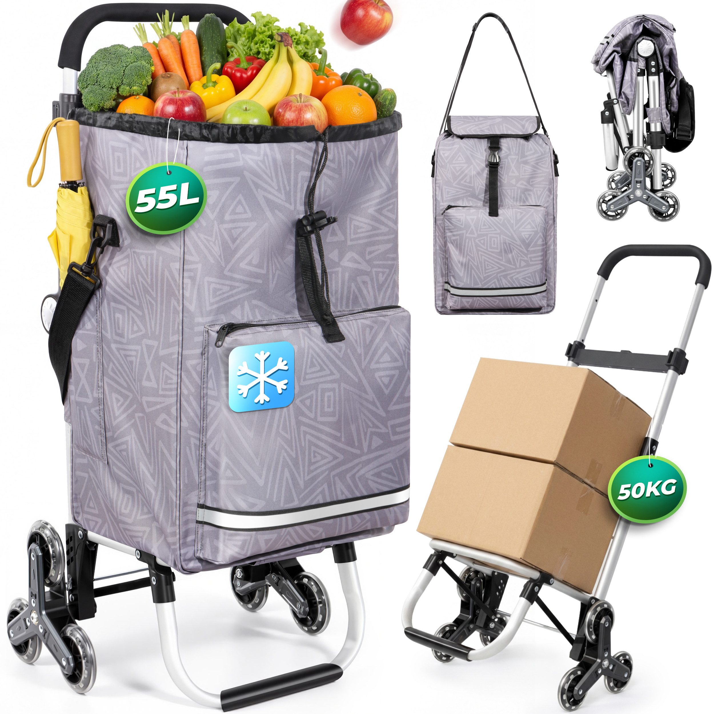 HOMECALL Einkaufstrolley klappbar Einkaufswagen 3 in 1 Shopping Trolley Mit Kühltasche-55L, Bis 50KG mit 50L + 5L kühlfunktion Einkaufstasche mit Rollen
