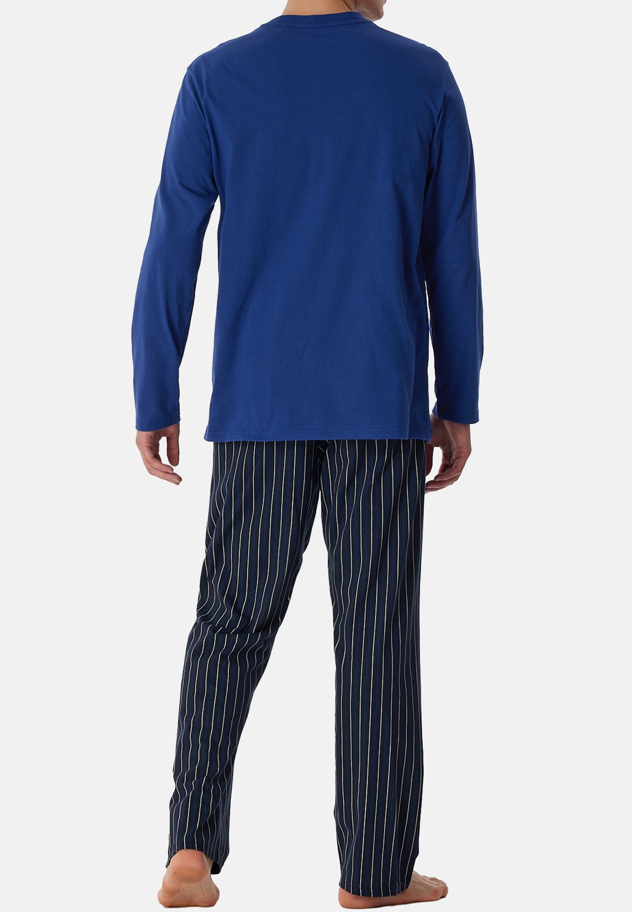 Baumwolle - mit Nightwear Schlafanzug Schiesser Comfort Langarmshirt Cotton tlg) - Pyjama 2 Brusttasche (Set, aufgesetzter navy Organic