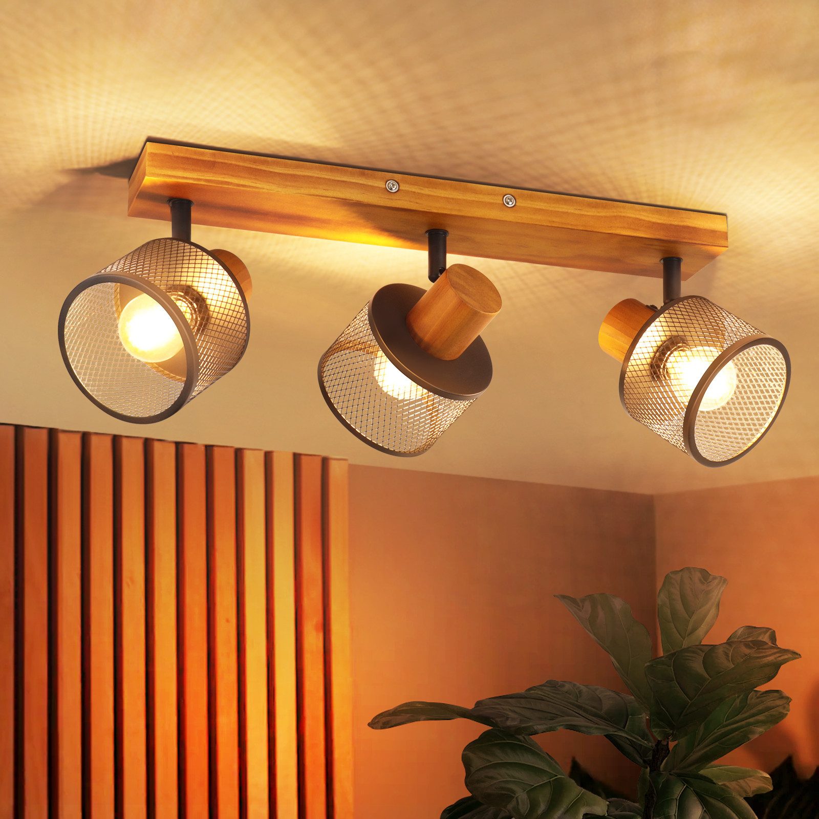 ZMH Deckenstrahler Vintage Schwarz Spots 1/2/3/4 Flammig Metall Deckenlampe, E14(ohne Leuchtmittel), ohne Leuchtmittel, 3 Flammig Deckenleuchte Flur aus Holz Strahler Wandstrahler Schwenkbar