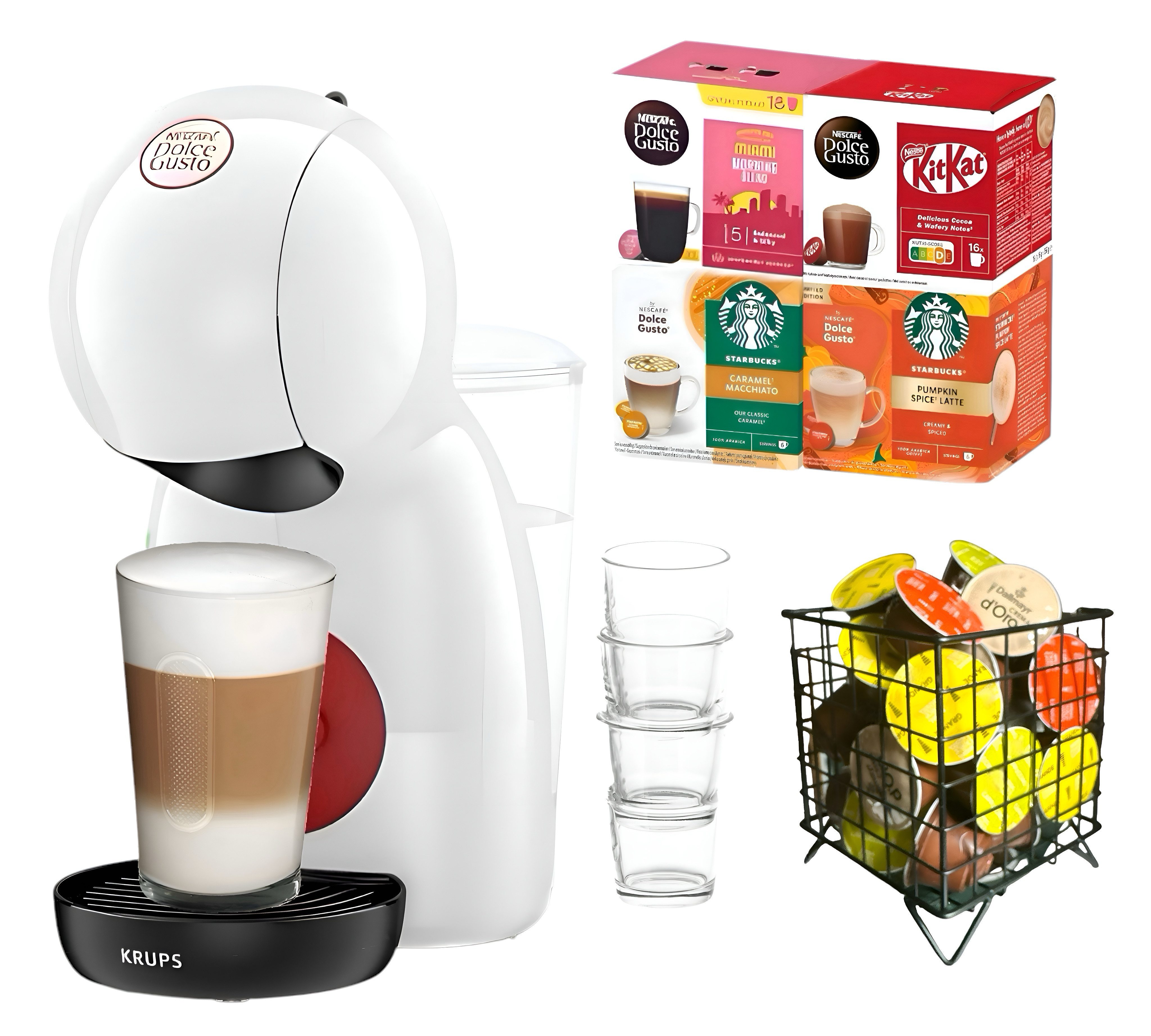 NESCAFÉ® Dolce Gusto® Kapselmaschine Krups Piccolo XS 1500 W + 70 Kapseln + Kapselhalter + 3 Gläser, Espresso-Set Kompaktes Kaffee- Kapselsystem, Platzsparendes Design, 15-Bar-Drucksystem, Energiesparmodus, Weiß