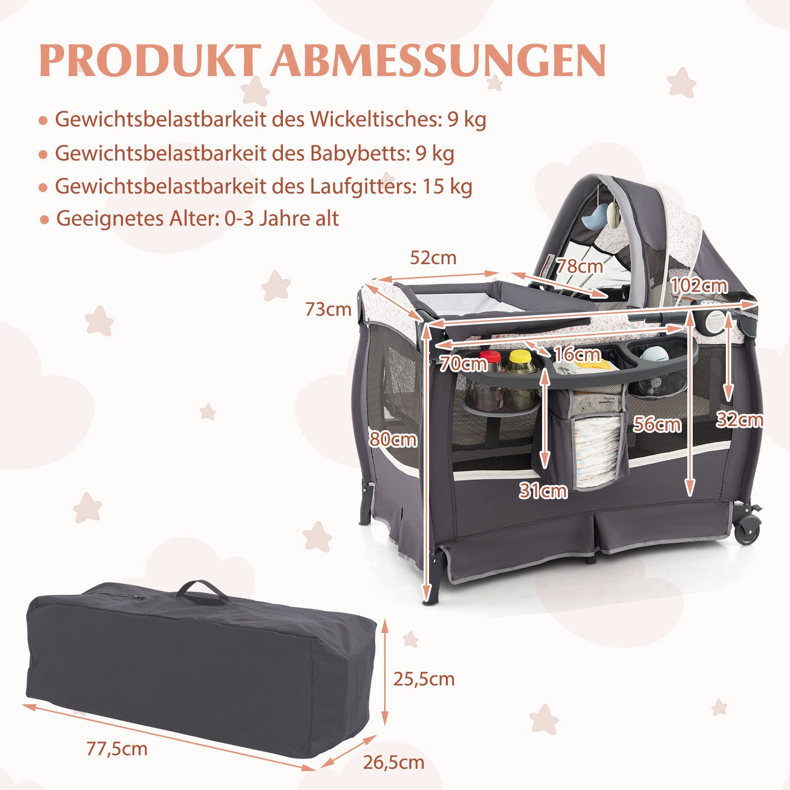COSTWAY Baby-Reisebett, 4 in 1 Kinder Reisebett, Wickeltisch mit Vordach