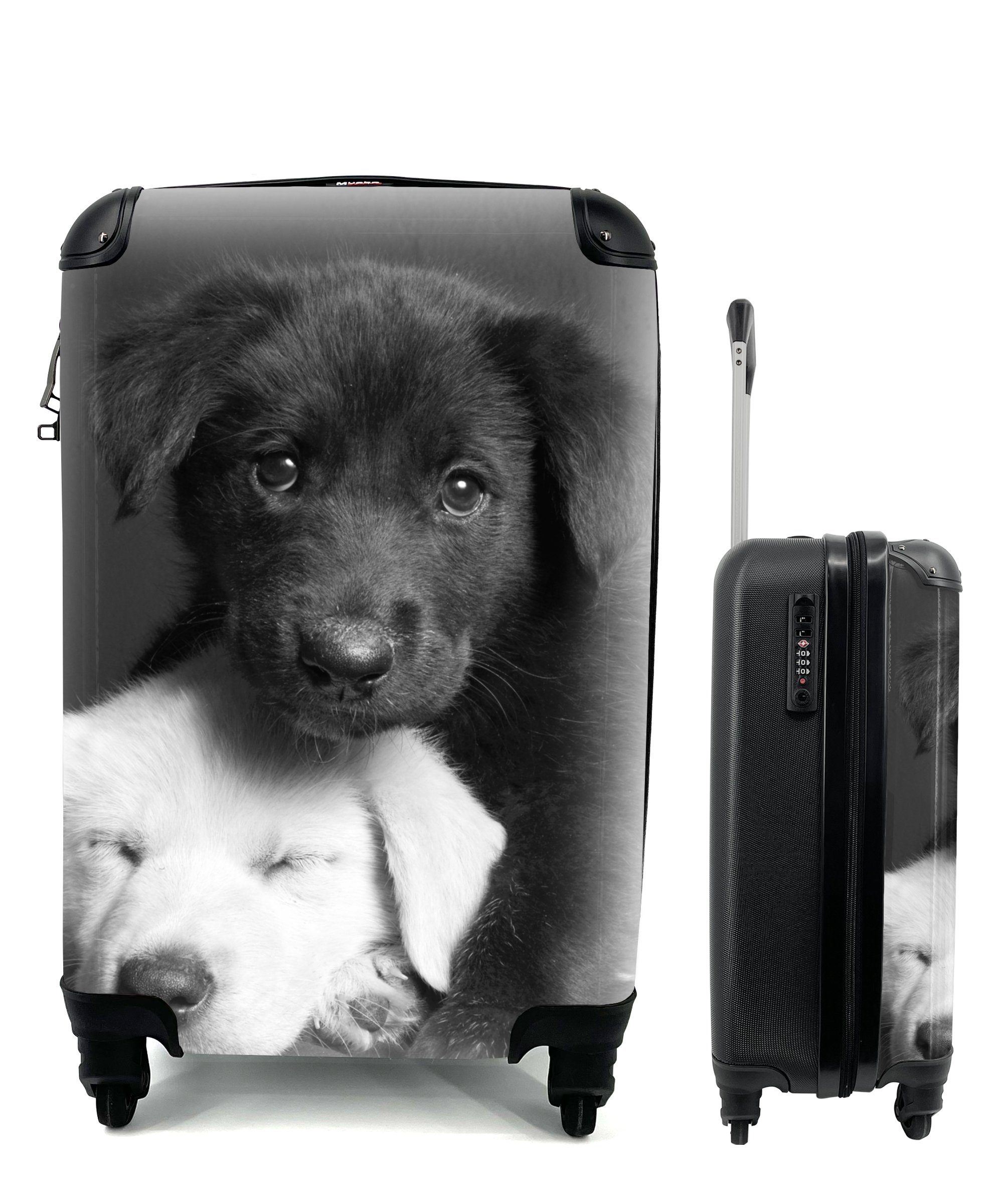 MuchoWow Handgepäckkoffer Hunde - Welpe - Schwarz - Weiß - Tiere, 4 Rollen, Reisetasche mit rollen, Handgepäck für Ferien, Trolley, Reisekoffer