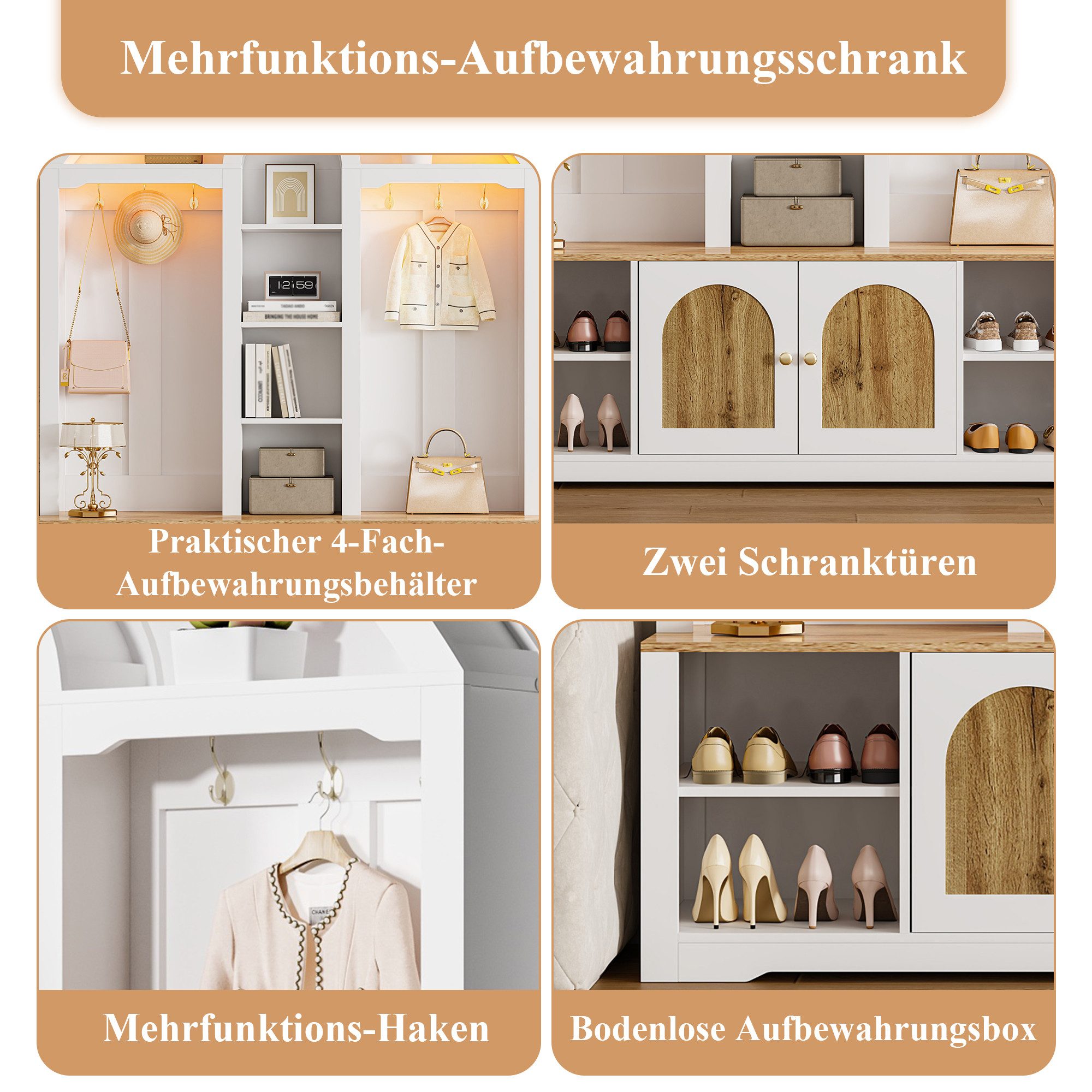 Merax Garderoben-Set Garderobenschrank mit LED-Beleuchtung und geschwungenem Design, (Flur- & Kleiderschrank im skandinavischen Weiß/Schwarz-Holz-Look, 1-St., 1 – Bild 5 von 5