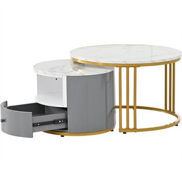 XDeer Couchtisch 2er Set Couchtisch, Couchtisch Rund Tisch Wohnzimmer Rund, mit Metallgestell Beistelltisch Weiss Modern Satztische