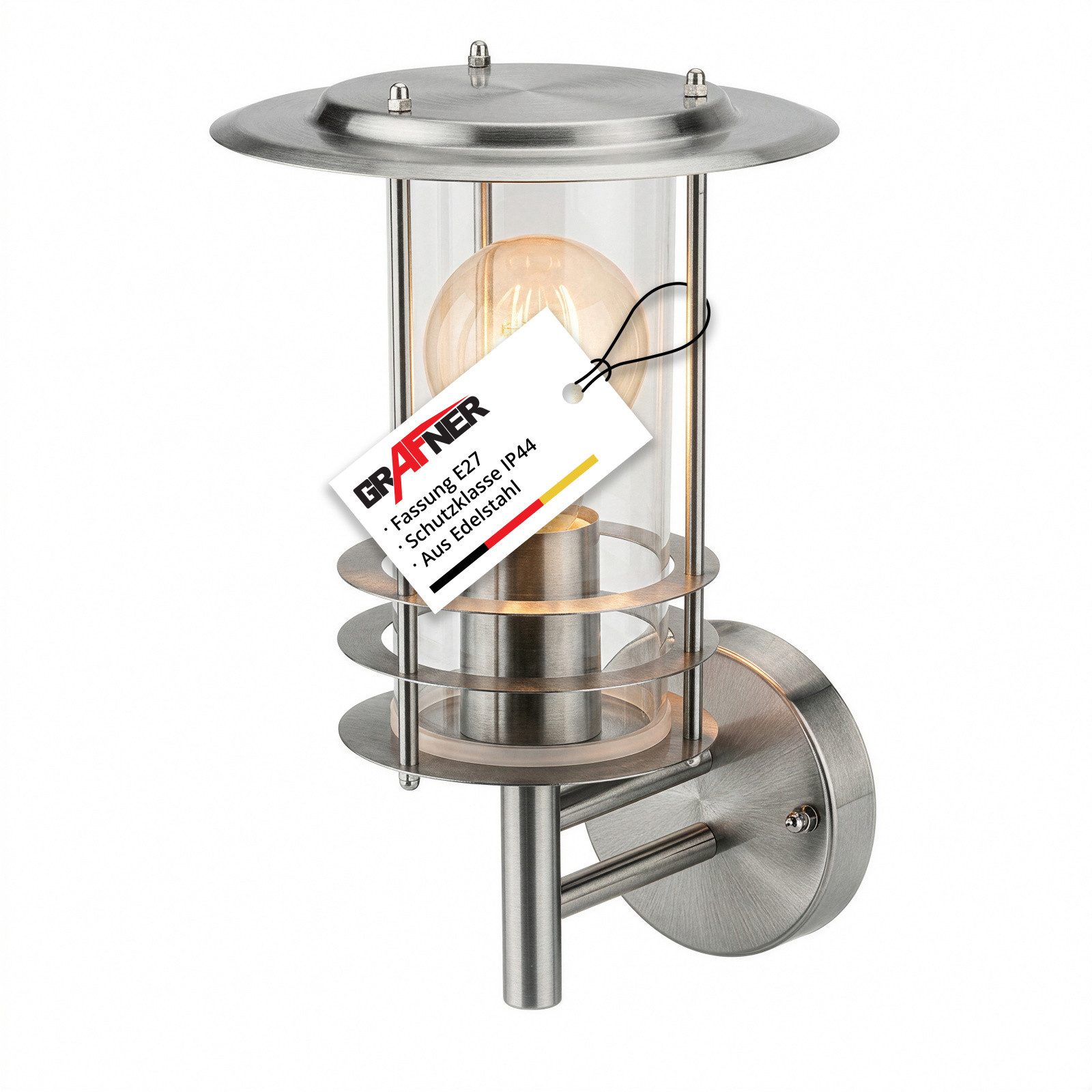 Grafner Außen-Wandleuchte Edelstahl, für außen und innen Wandleuchte Lampe, Hoflampe, ohne Leuchtmittel, ohne Leuchtmittel, E27 IP44