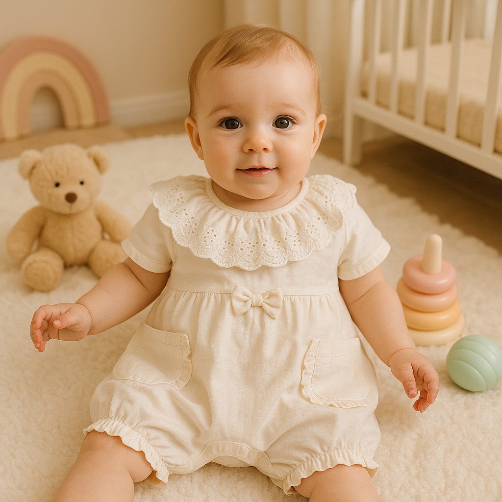 Strampler Baby Mädchen Strampler, kurzarm, 100% Baumwolle, Spitze, Cremeweiß
