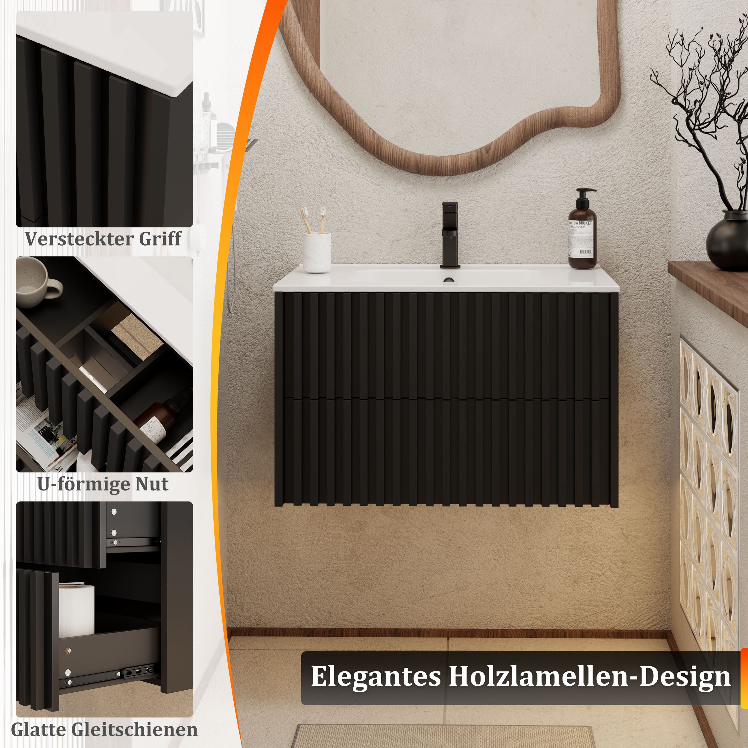 UEV Waschtisch Waschbecken mit Unterschrank set Badmöbel Gäste-WC (mit Wasserhahn und Pop-up-Ablassventil, Soft-close Schubladen,Waschbeckenunterschrank mit 2 S – Bild 5 von 5