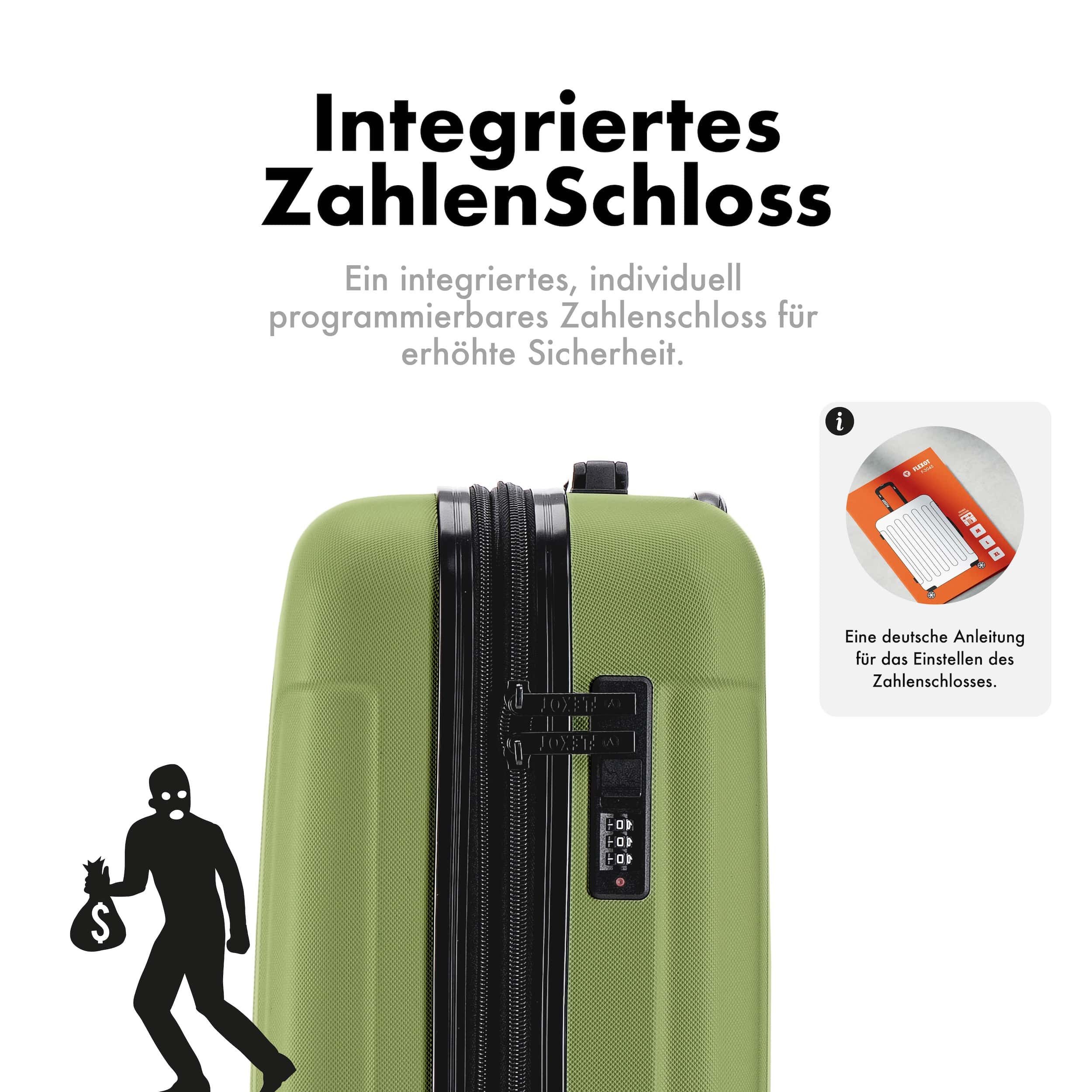 Flexot Hartschalen-Trolley F-3045 (Gr. M, L, XL) – Kofferset – ABS-Hartschale, 4 Rollen, Robuster und moderner Koffer mit vier 360° Rollen und Zahlenschloss