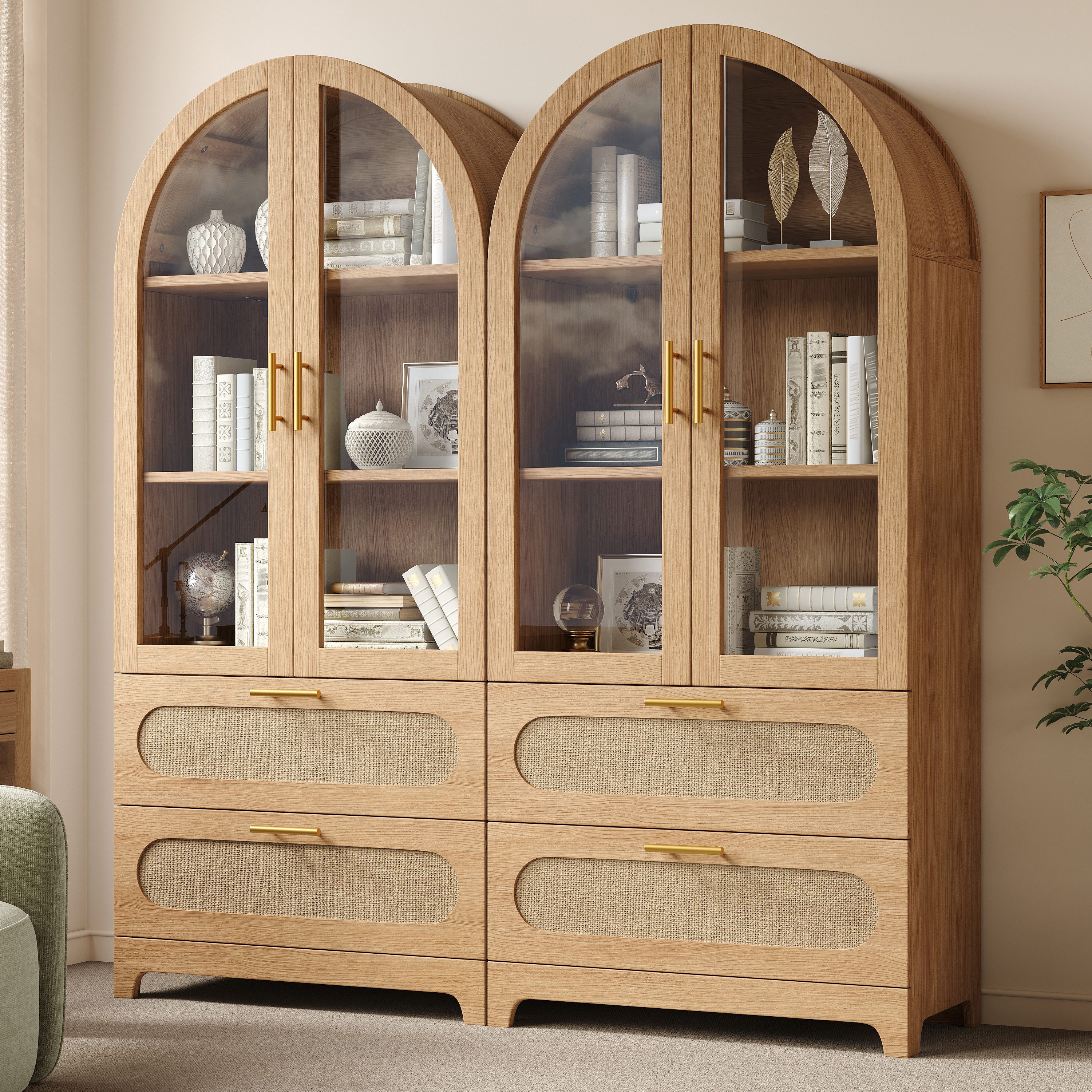 Flieks Vitrine Glasvitrine Montmartre-Bogen in Retro-Design Walnussholzfarbe/Natur (Mehrzweckschrank mit verstellbaren Einlegeböden, 2-St., H175xB80xT40cm) Hochschrank mit Glastüren und Rattan-Schubladen Bücherregal Holzoptik