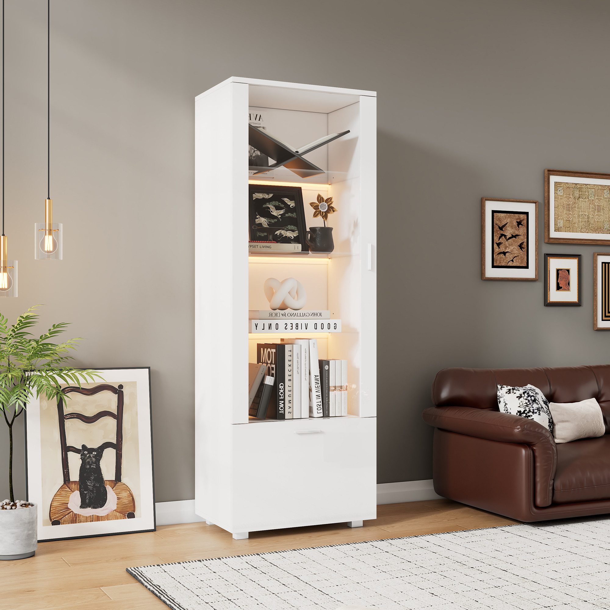 OKWISH Vitrine Weiß Hochglanzvitrinen 50x40x160 cm mit Acryltür und LED-Bel günstig online kaufen