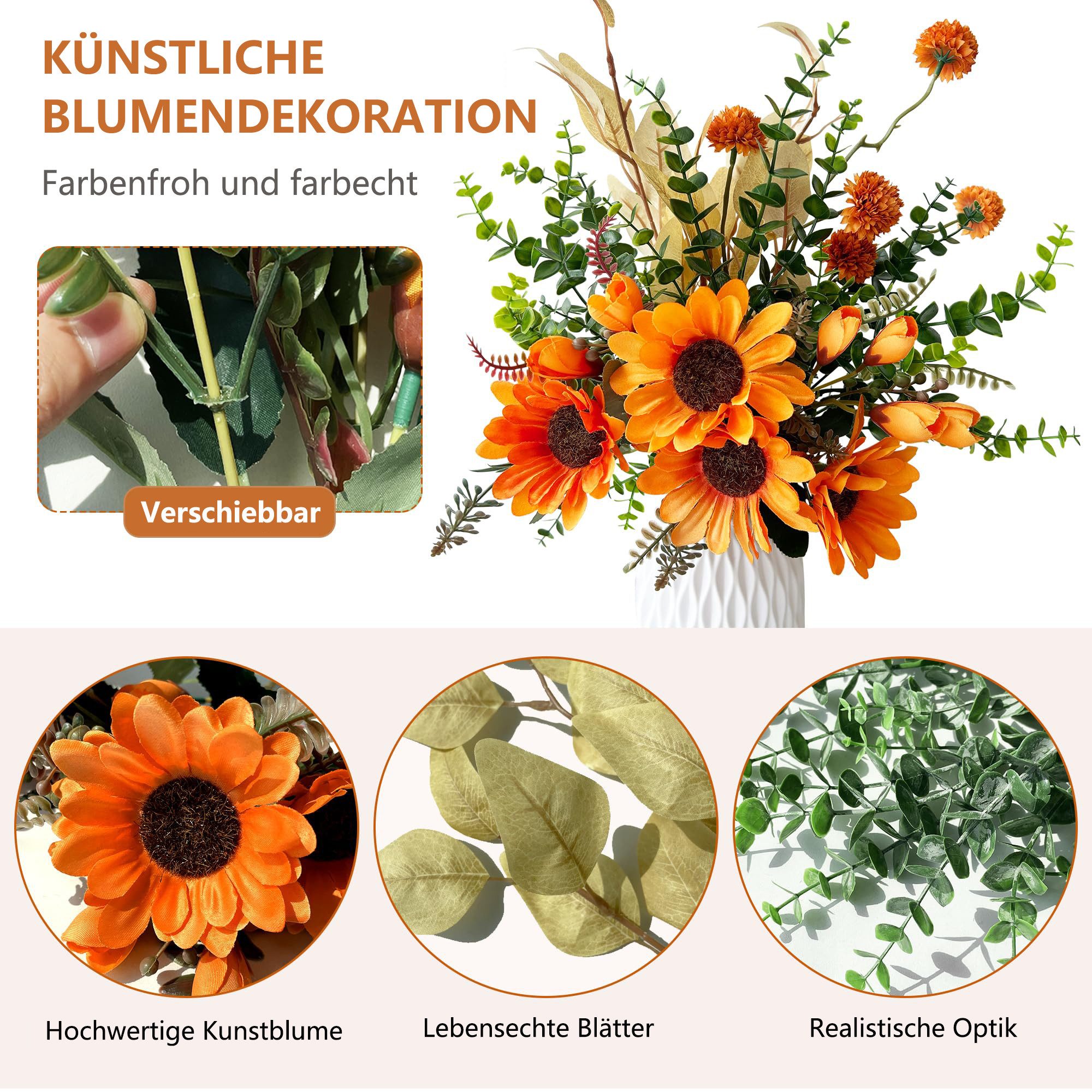 Kunstblume Künstliche Herbstblumen Sonnenblumen, Herbststrauß Kunstblumen, FOUORTUNATE-BEE, für Tischdeko, Wohnzimmer und Erntedankfest – Bild 2 von 5