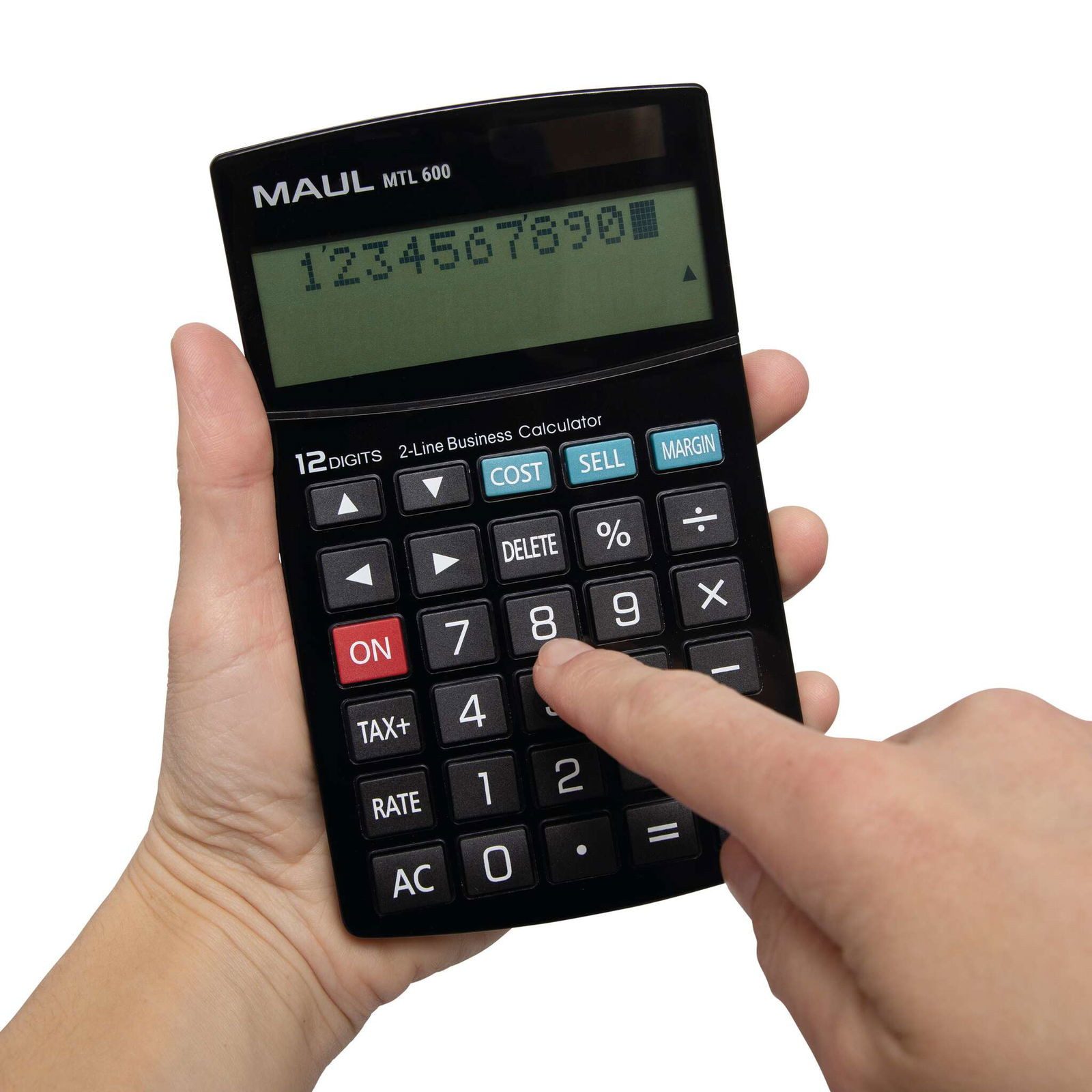 MAUL Taschenrechner mit kaufmännischen Funktionen, 12-stelliges Display mit 2 Zeilen, Steuerberechnung, Gewinnspannenberechnung, inkl. Gerätebeatterie – Bild 4 von 5