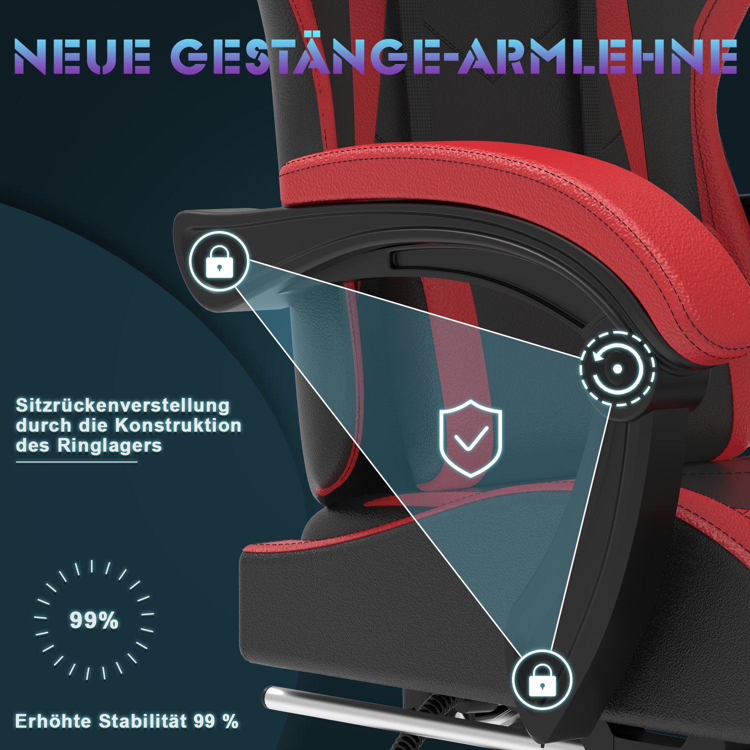 einstellbar Rot Gaming 90-135° Fußstütze, GUNJI Rückenlehne Massage Chair Gaming mit Stuhl