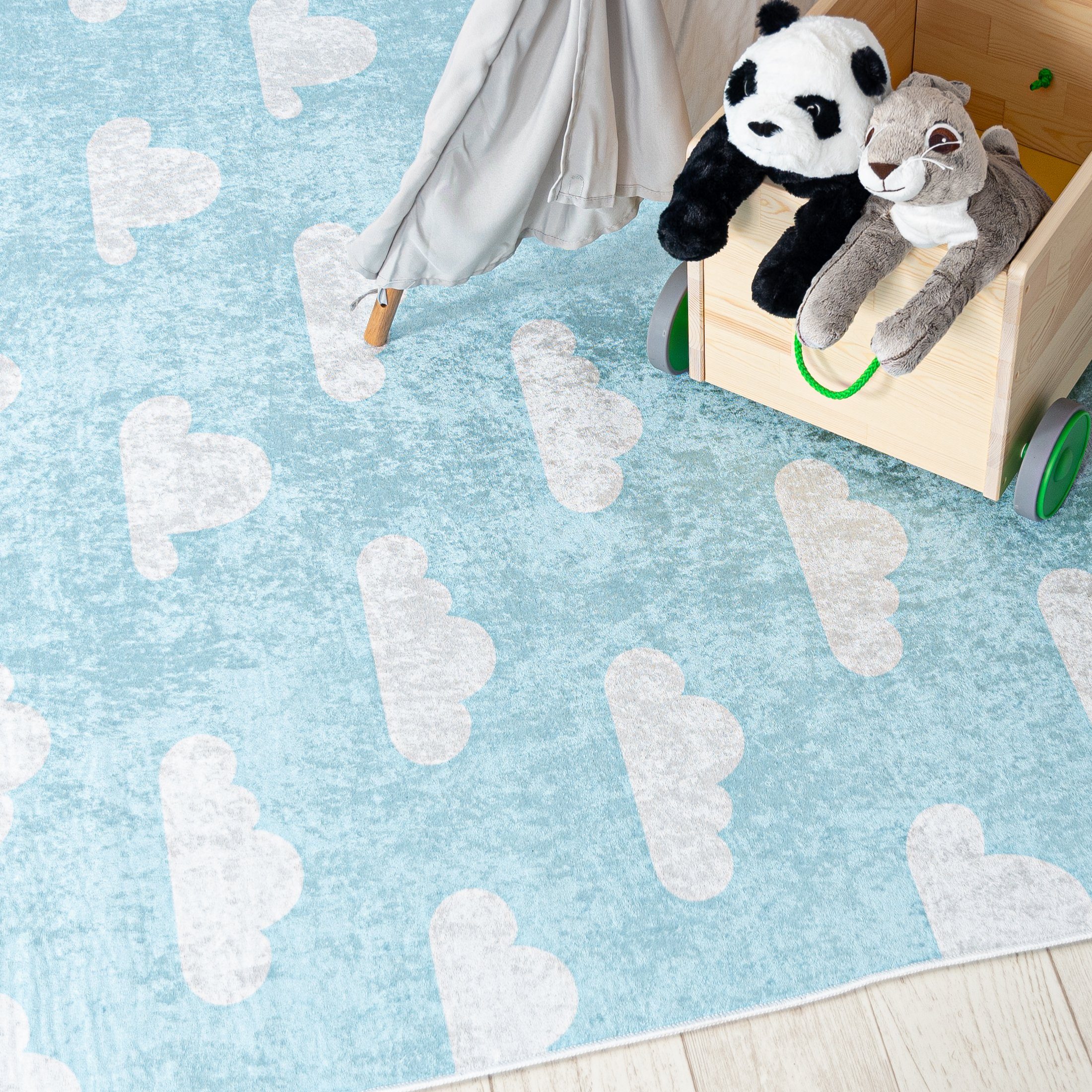 Mazovia Kinderteppich Kinderteppich Kinderzimmerteppich Wolken Sky, 80 x 150 cm, Kurflor, Waschbar in Waschmaschine, Höhe 5 mm, Rutschfest