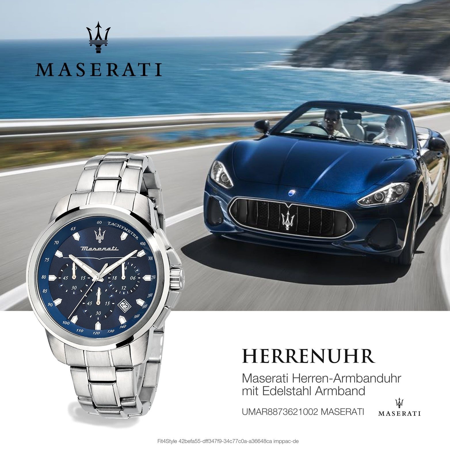MASERATI Chronograph Maserati Edelstahlarmband, Armband-Uhr, blau Edelstahl Herrenuhr 52x44mm) rundes Gehäuse, groß (ca