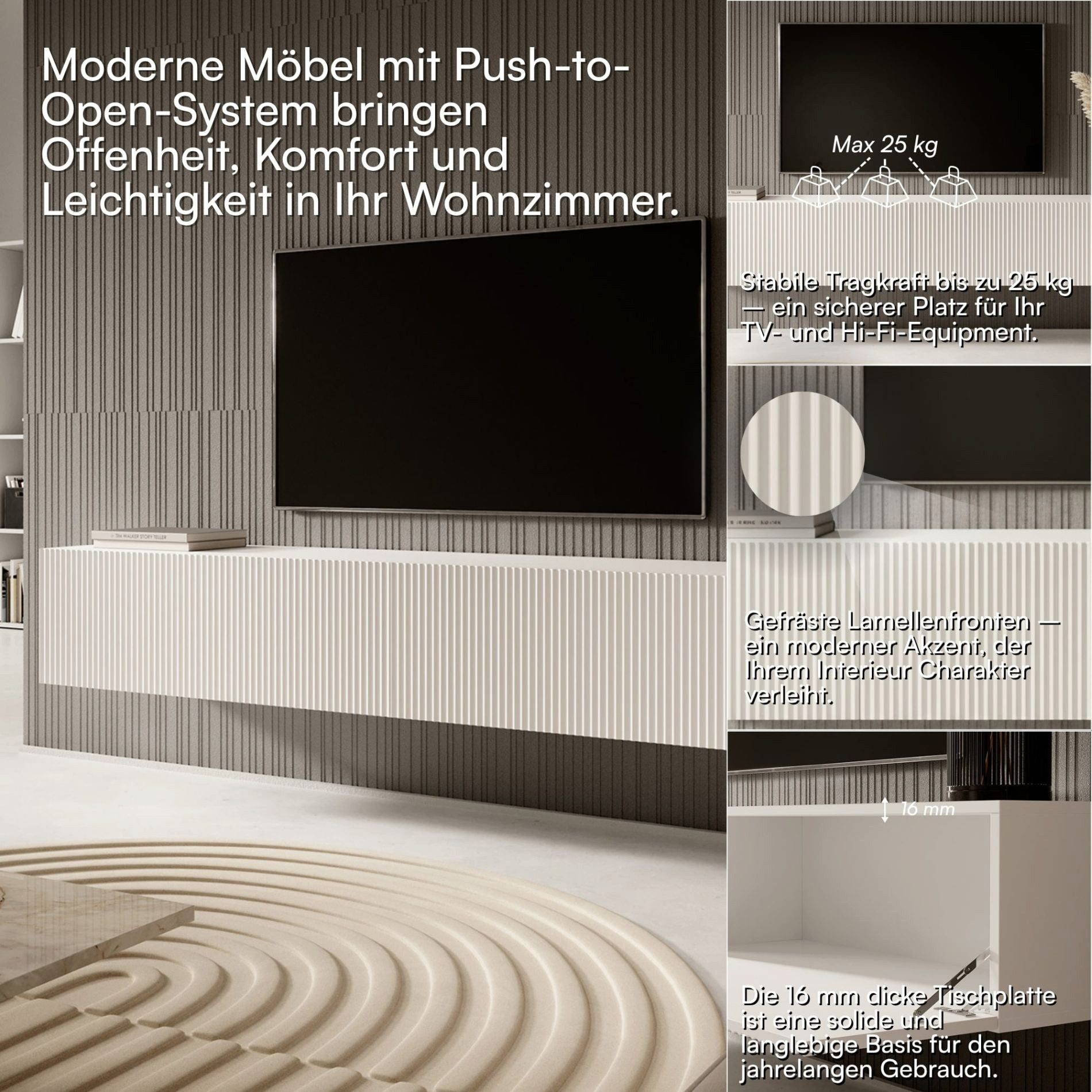 Selsey TV-Schrank Veldio Hängeboard 175 cm, geriffelte Front, Push-to-Open, Weiß – Bild 5 von 5
