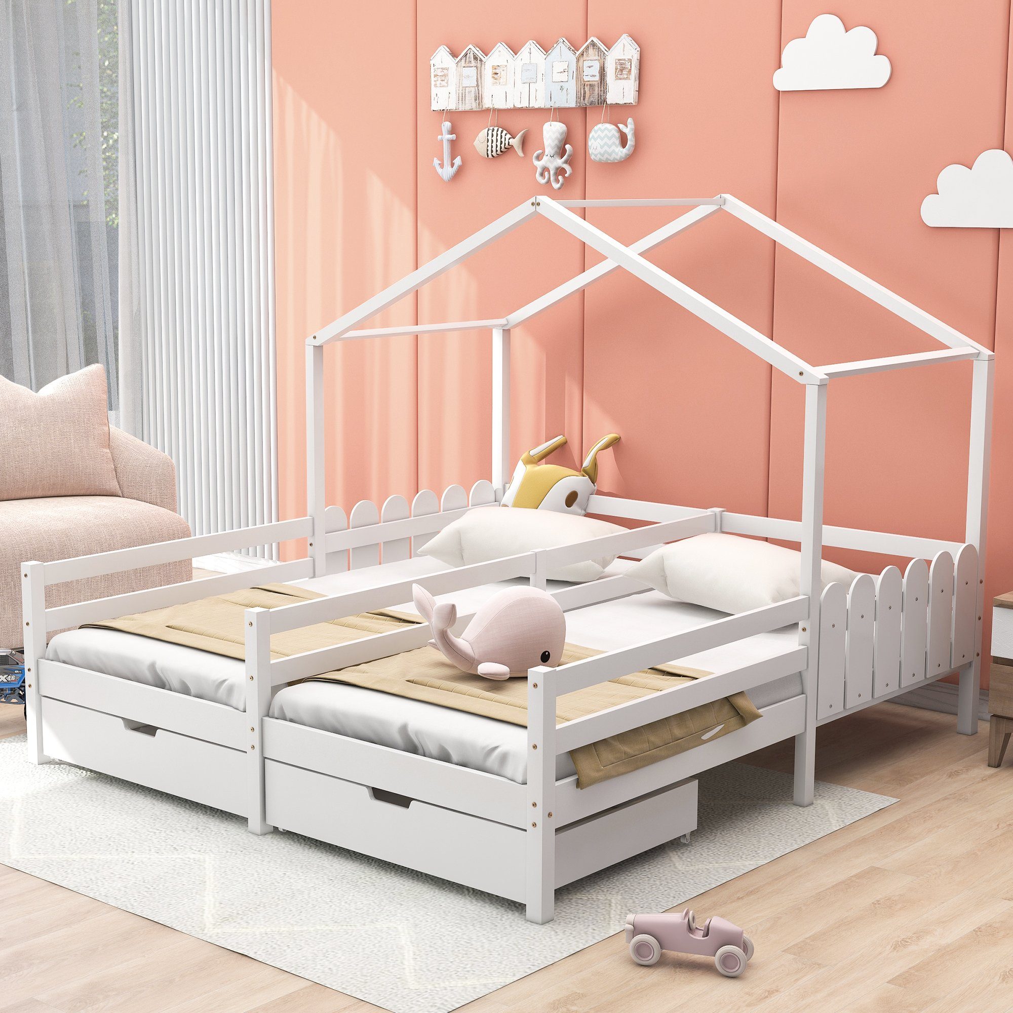 Kinderbett (Jugendbett mit Lattenrost), Hausbett 90x200 cm mit zwei Liegefläche, Schubladen und Rausfallschutz