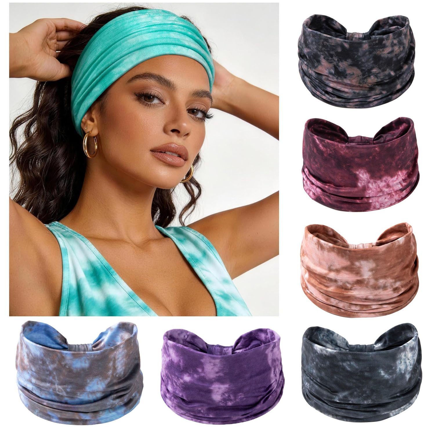nsihing Haargummi Boho-Breitstirnband für Damen, weiches turbanartiges Haarband, 6-tlg., ideal für Yoga und Sport