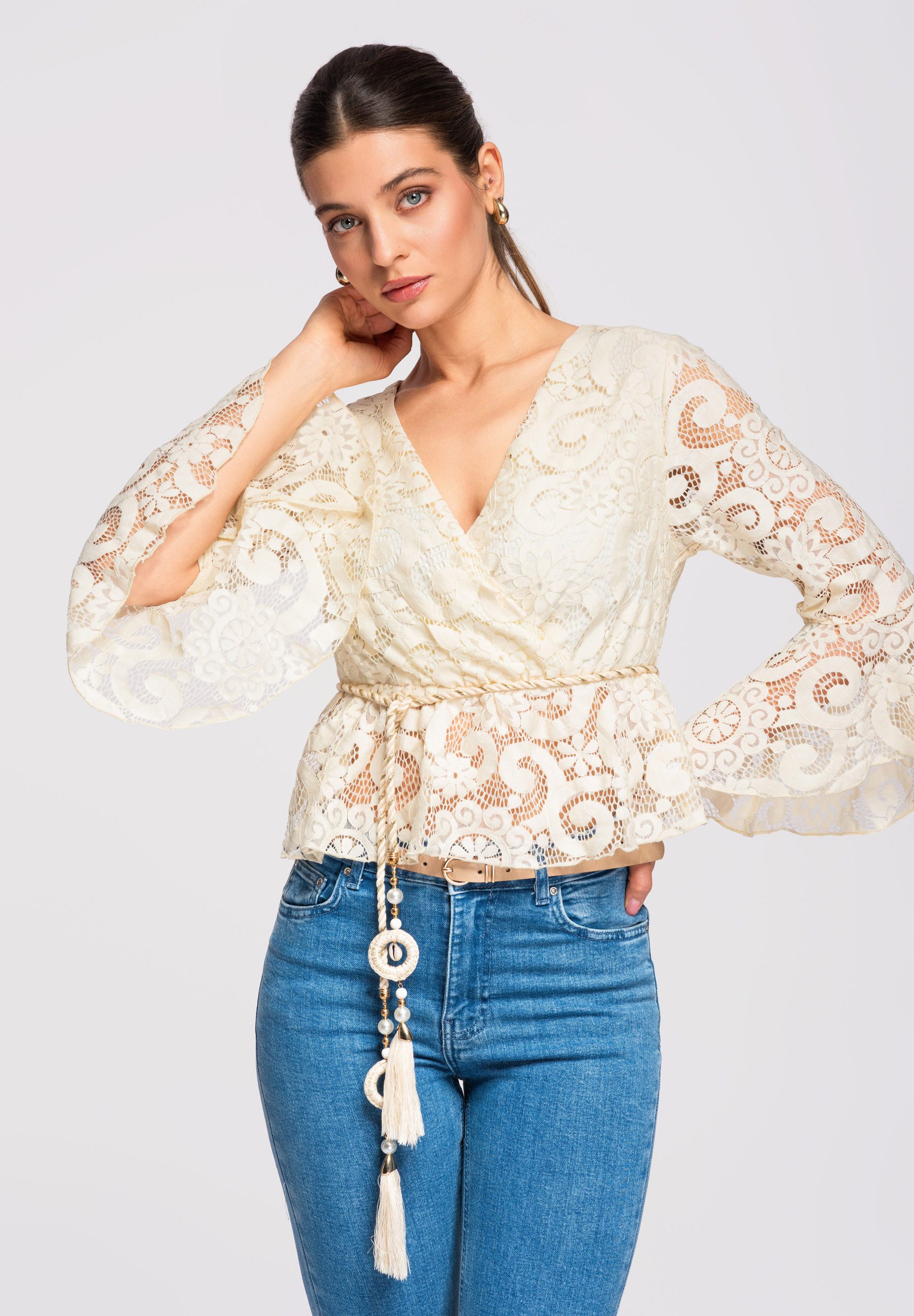 Wickelbluse Kurze Damenbluse mit Wickel-Design und Peplum-Saum