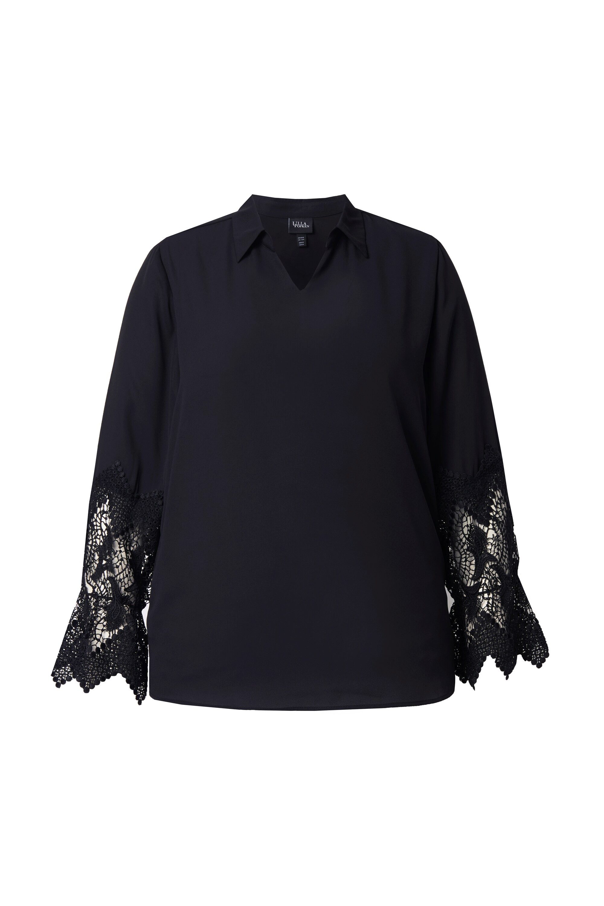 Ulla Popken Tunika Bluse Spitze Hemdkragen V-Ausschnitt Langarm Krepp günstig online kaufen