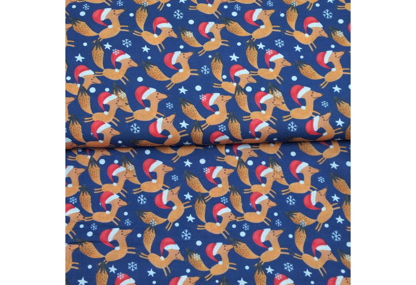 Thumbnail - larissastoffe Stoff Weihnachtsstoff Waldtiere Baumwollstoff Fuchs blau, Meterware, 50 cm x 140 cm