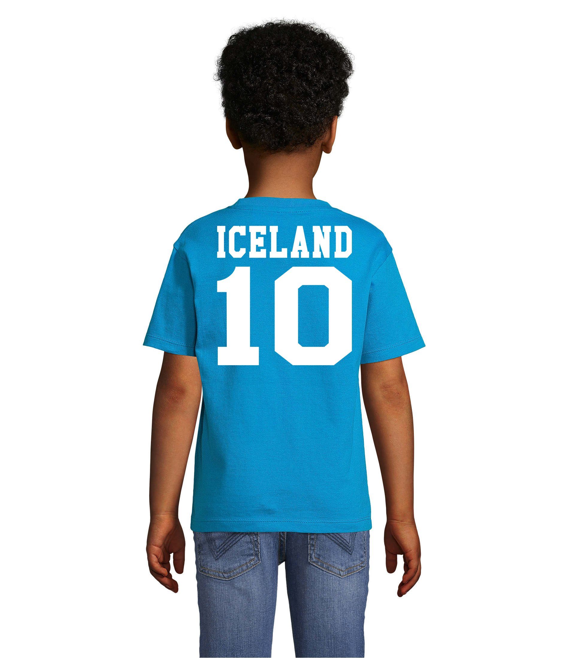 Fußball Handball Trikot Island & Blondie Meister Brownie T-Shirt Sport EM Weiss/Blau Iceland Kinder WM