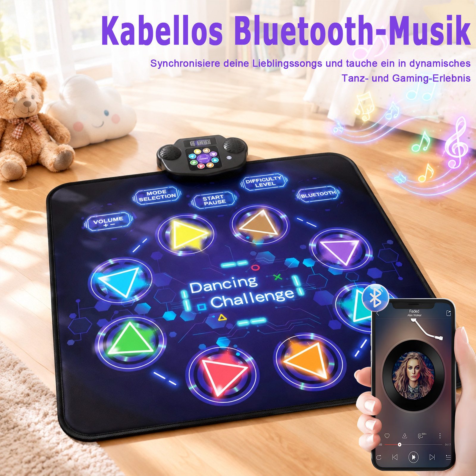 AKKEE 8-Tasten-Bluetooth-Tanzmatte mit Beleuchtung und Musik Tanzmatte (Wiederaufladbar Wasserdicht und rutschfest für Mädchen Jungen) – Bild 2 von 5