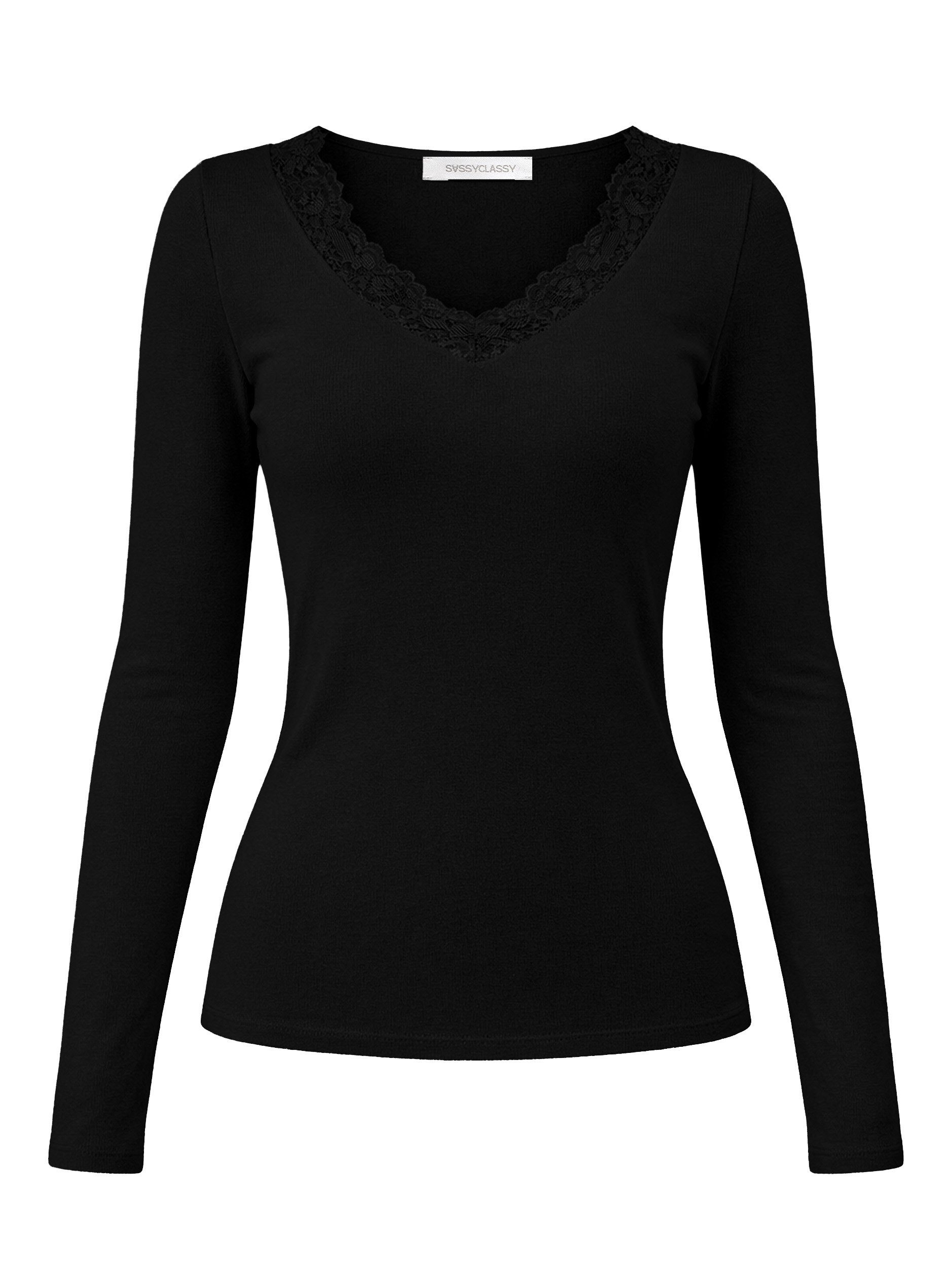 SASSYCLASSY Langarmshirt Langarmshirt mit Spitzenausschnitt für Damen Feminines Top mit tiefem Rundhals und extra langen Ärmeln