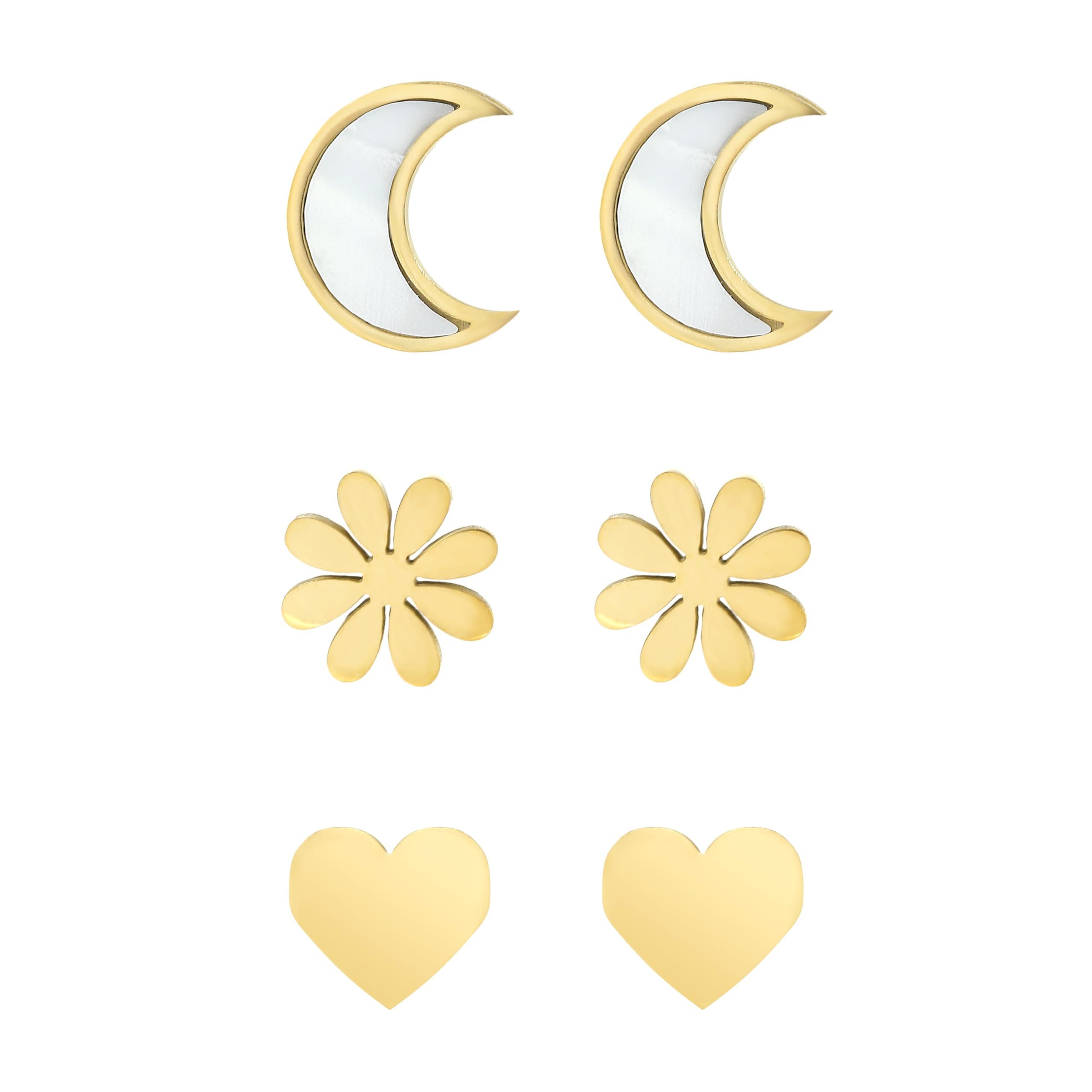 Made by Nami Ohrstecker-Set verschiedene Formen mit Mond-Blume-Herz Perlmutt Ohrstecker Gold, aus Chirurgischem Edelstahl Wasserfester Schmuck Geschenk für Sie – Bild 5 von 5