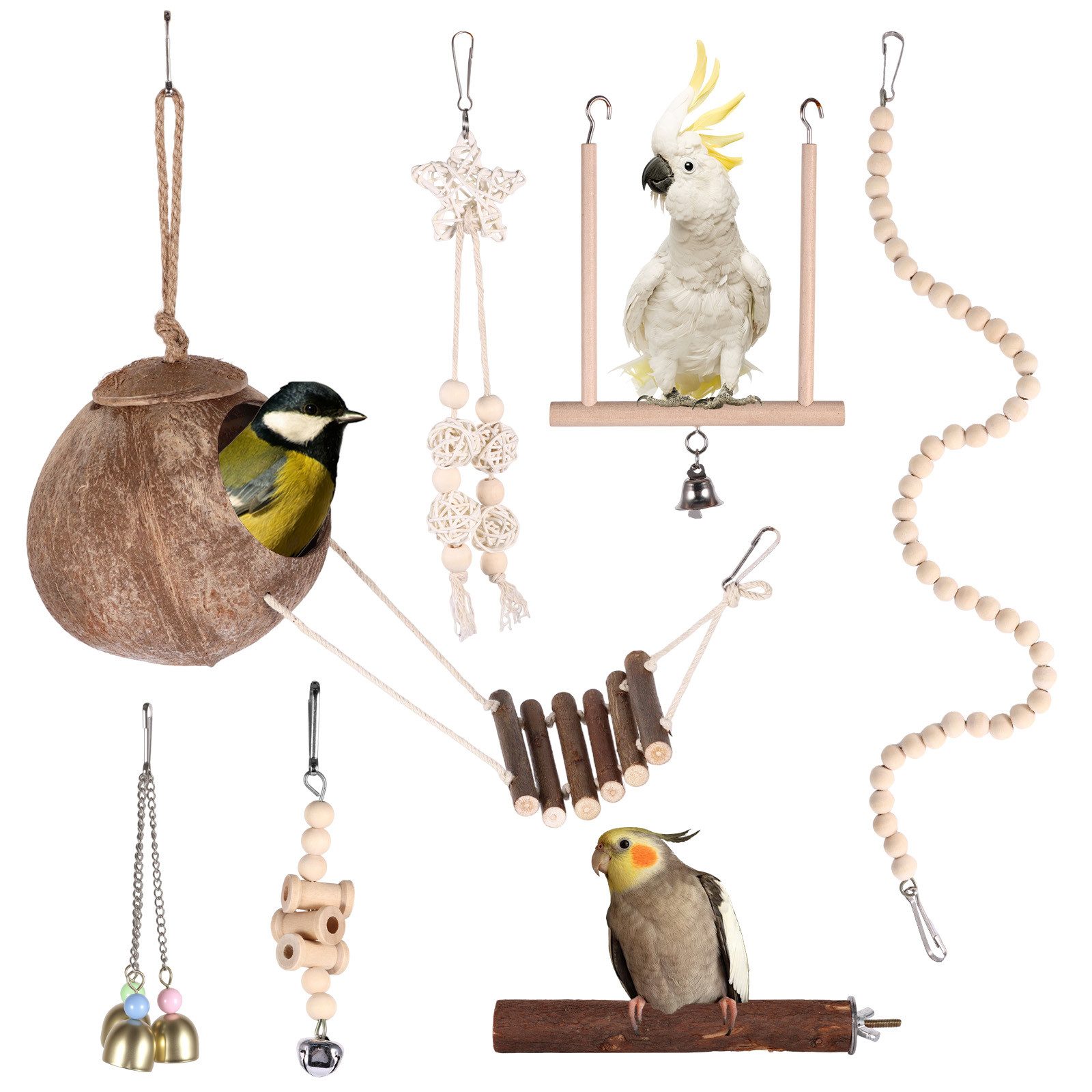 BlingBin Vogelspielplatz 7-teiliges Holzpapageienspielzeug, Vogelspielzeug, mit Leiter,Vogelkäfig Zubehör,Stehsitzstange, Hängematte,Kletterleiter