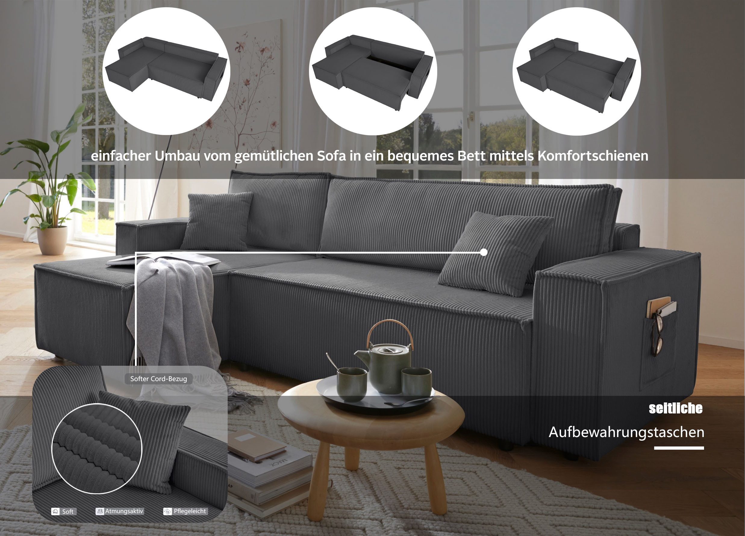 OTTO home Ecksofa CASSI L-Form, 241cm - OTTO. Verlässliche Qualität., Schlaffunktion (133/200), Bettkasten, Cord, Unser Tiefpreis