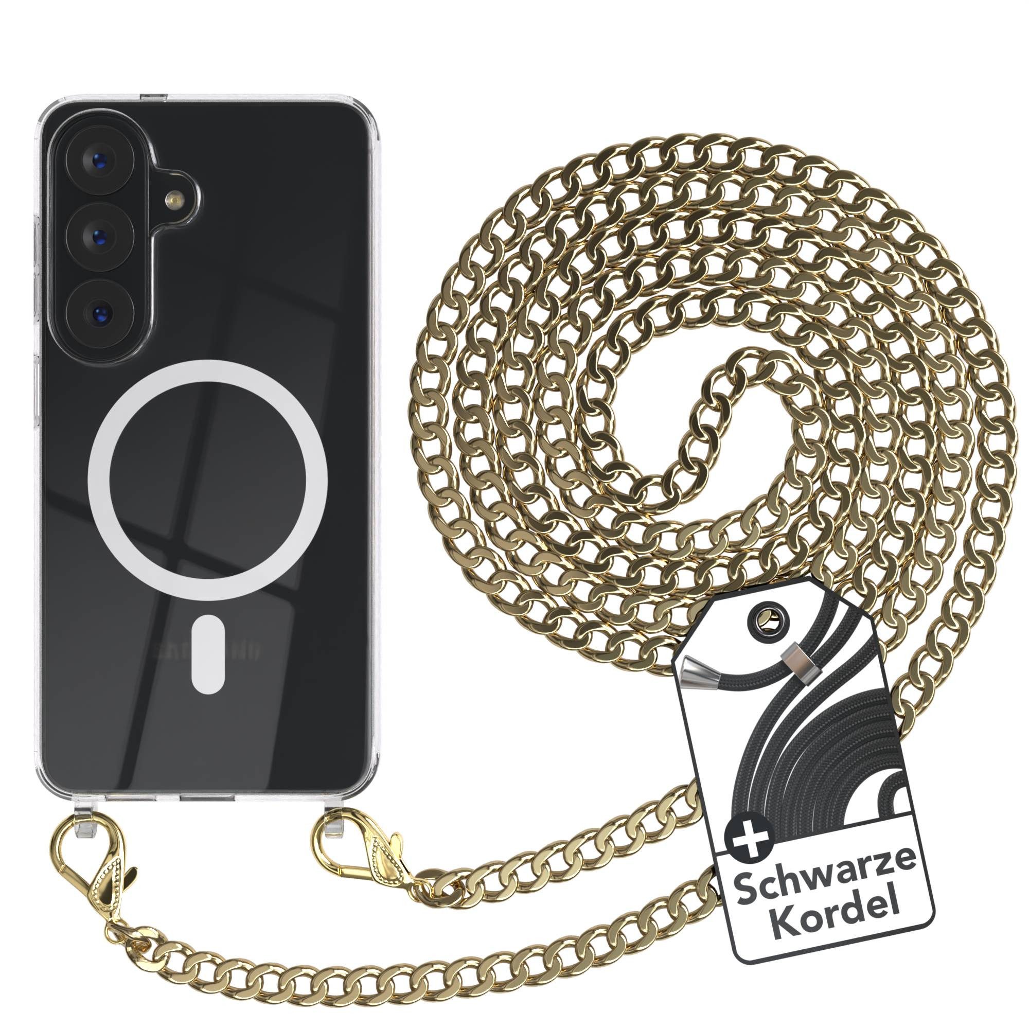 EAZY CASE Handykette Metall mit MagSafe Hülle für Samsung Galaxy S26 6,3 Zoll, Handyhülle Transparent Smartphonekette für Unterwegs Necklace in Gold