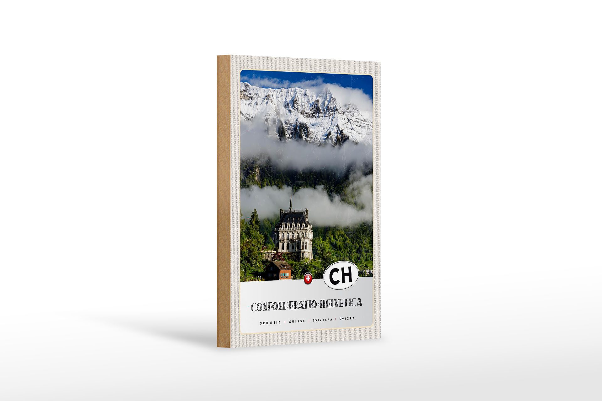 Holzbild Reise 12x18 cm Confoederatio Helvetica Schloss Natur