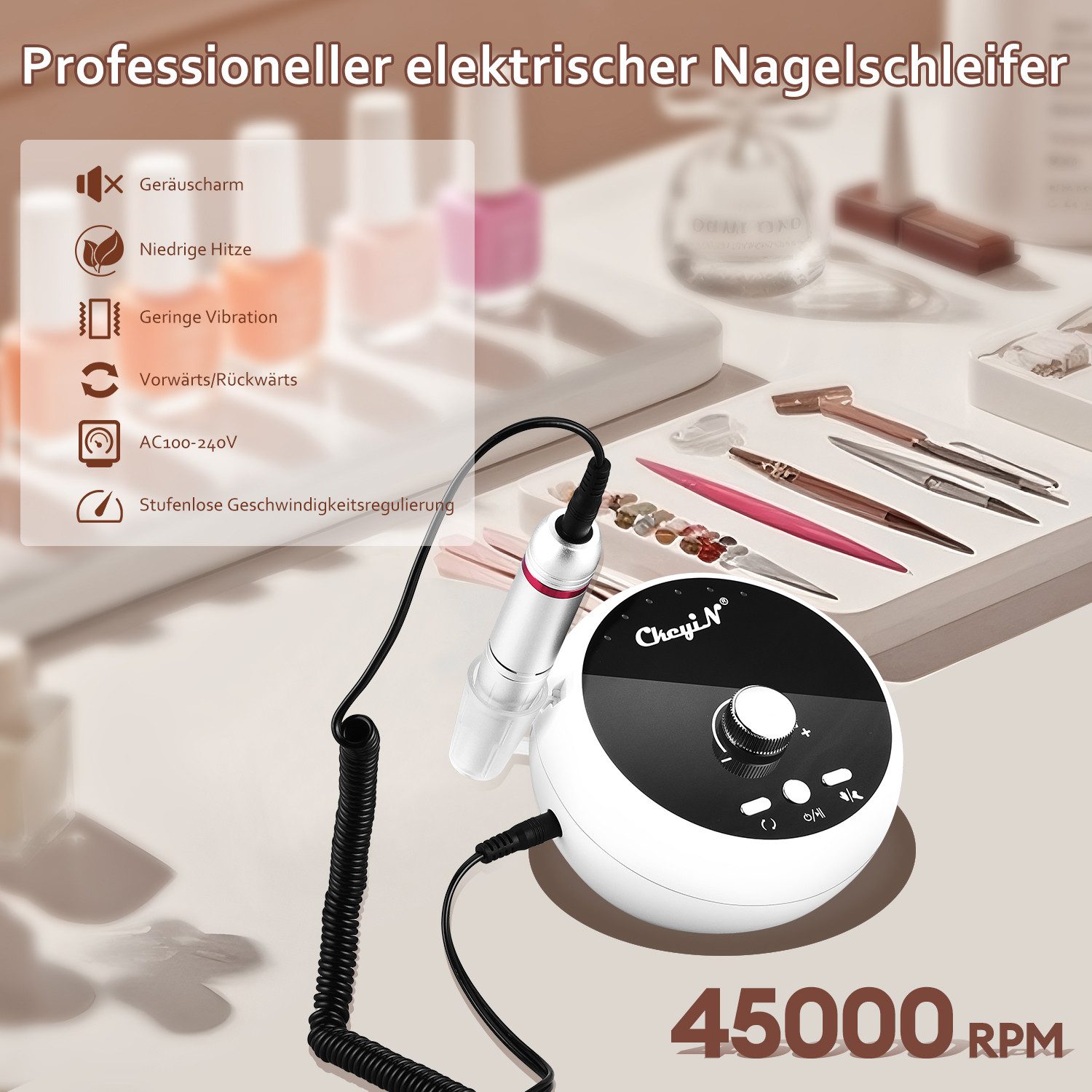CkeyiN Maniküre-Pediküre-Set Elektrischer Nagelfräser Nagelfeile Set 45000U/min, mit Stufenloser Geschwindigkeitsregler, Fußpedal, 12 Zubehören