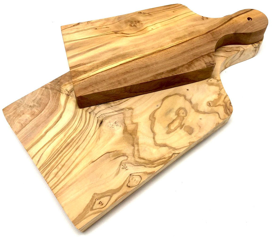 Olivenholz-erleben Schneidebrett mit Griff aus hochwertigem naturbelassenem Olivenholz, Massivholz, (Set, 2-St., 1x kleines Brett mit Griff, 1x großes Brett mit Griff), Einzigartige Maserung, Brett mit Griff, Kräuterbrett und Schneidebrett