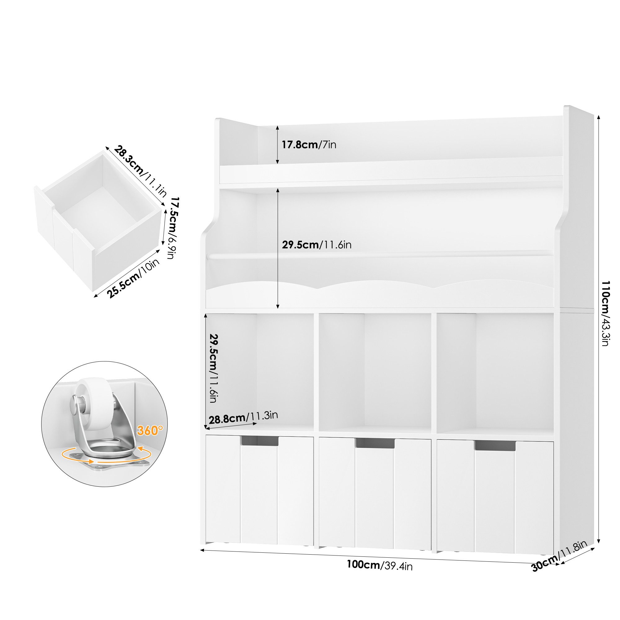 HOMECHO Spielzeugtruhe Kinderregal mit 5 Fächern und Rollschubladen, Weiß Kinderbücherregal für Schlafzimmer Kinderzimmer 110x100x30cm