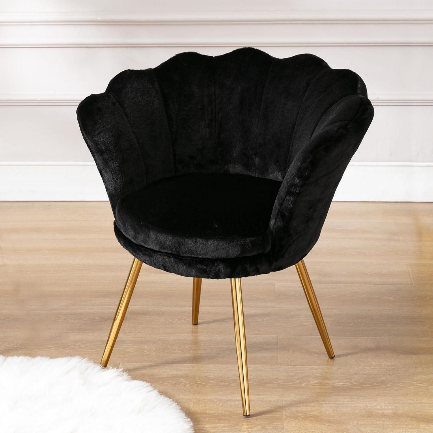 LuxusKollektion Loungesessel Sessel Teddystoff Goldfuß Blumenform Loungesessel Schwarz