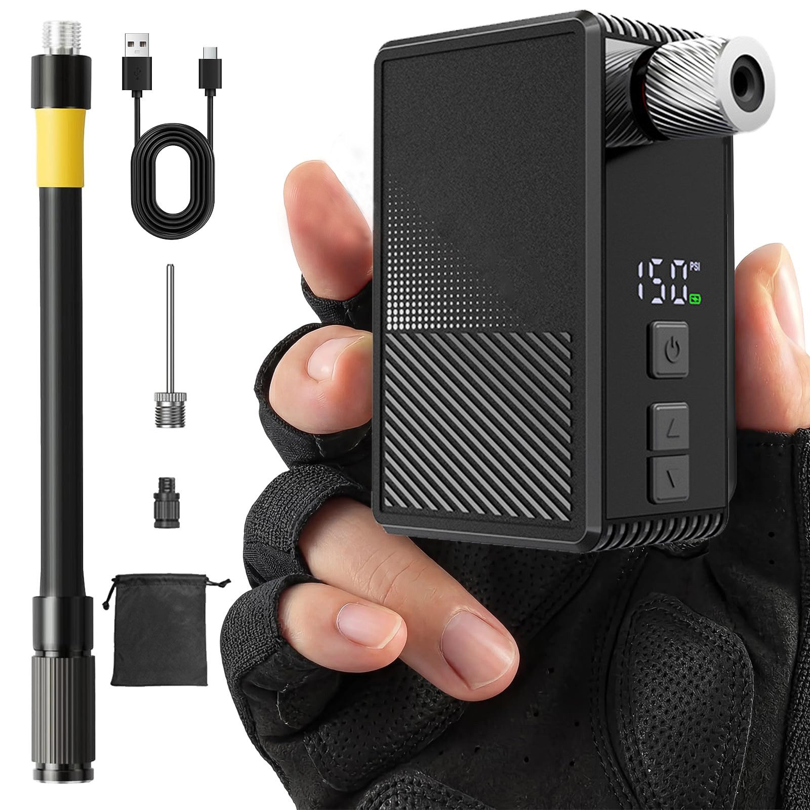 AIBISTAR Akku-Luftpumpe Mini-Kompressor, 130 PSI, 800mAh, USB-C, für Fahrrad (Höhenkorrektur für präzise Messung), Echtzeit-Display,Voreinstellungsmodus – automatische Abschaltung