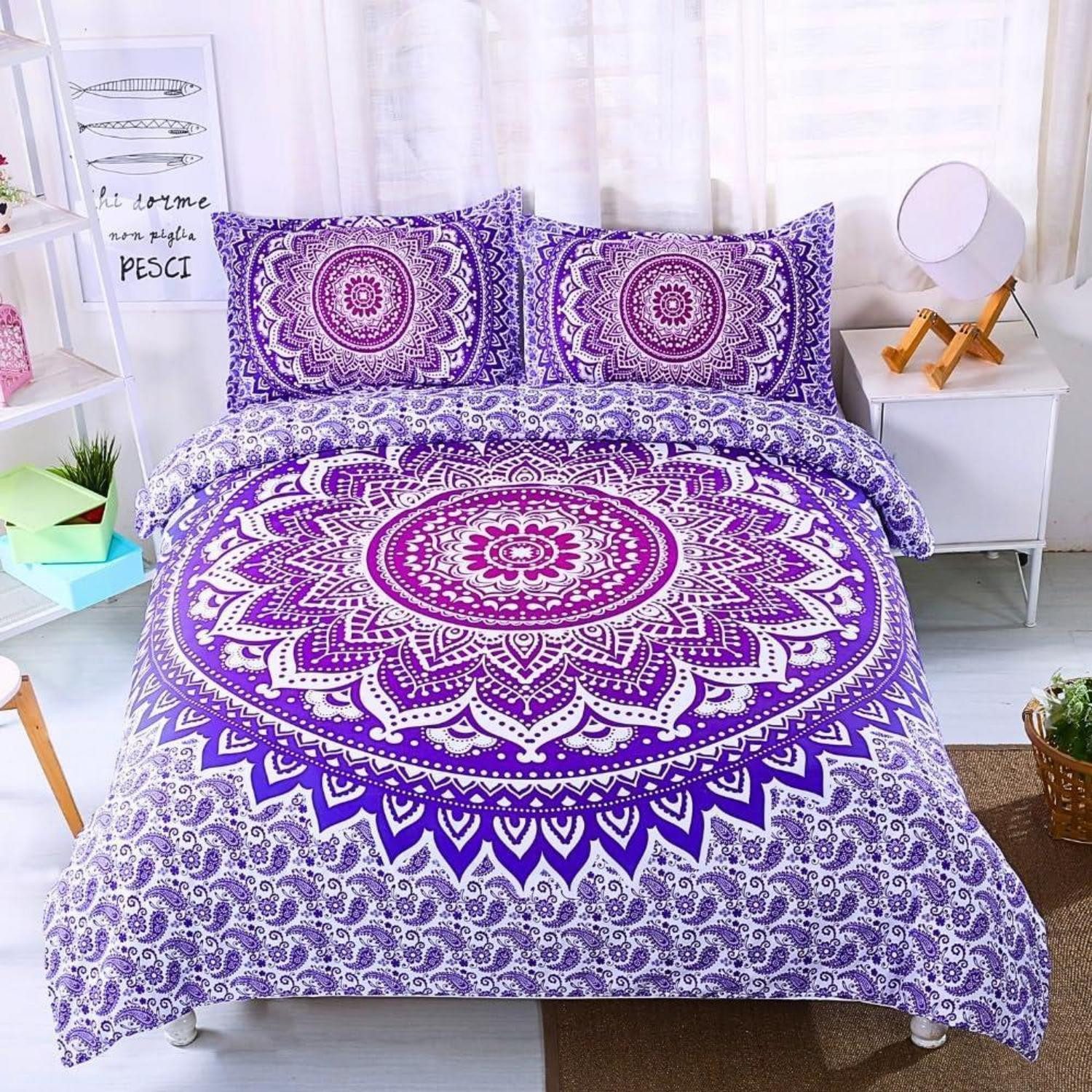 LuxusKollektion Bettwäsche Bettwäsche 135x200 Weiß Lila Blumen Mandala