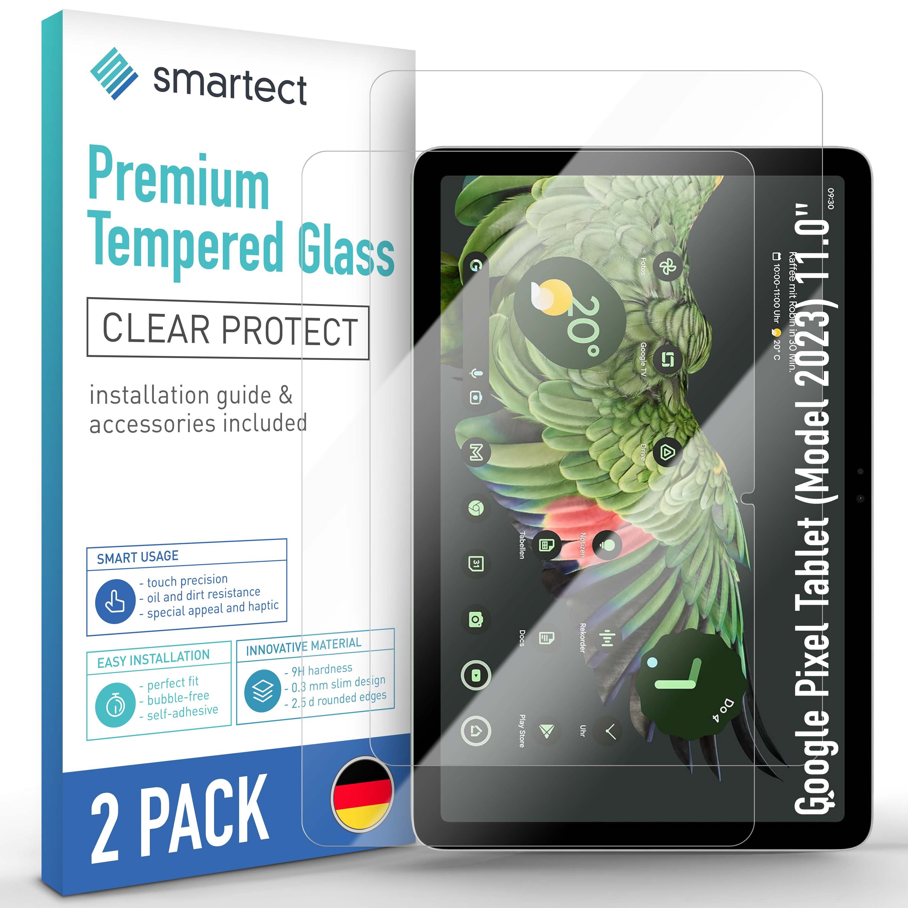 smartect Displayschutzglas Schutzglas Klar für Google Pixel Tablet (Model 2023) 11.0", 2 Stück für Google Pixel Tablet (Model 2023) 11.0", 2 Stück, Anti-Fingerabdruck, 9H Härte, Blasenfreie Installation
