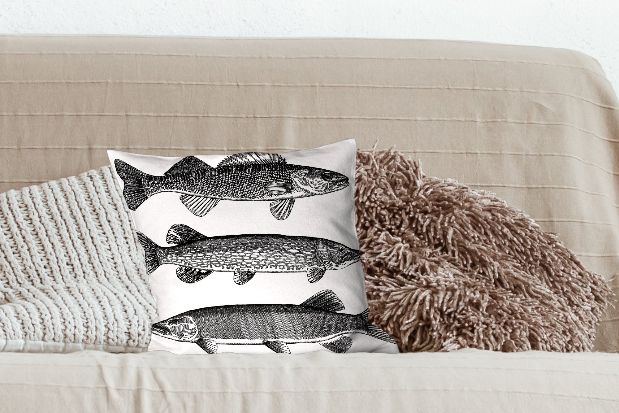 Fischen, mit Schlafzimmer, MuchoWow Eine von für Illustration Sofakissen Füllung Dekokissen Zierkissen drei Wohzimmer, Deko,